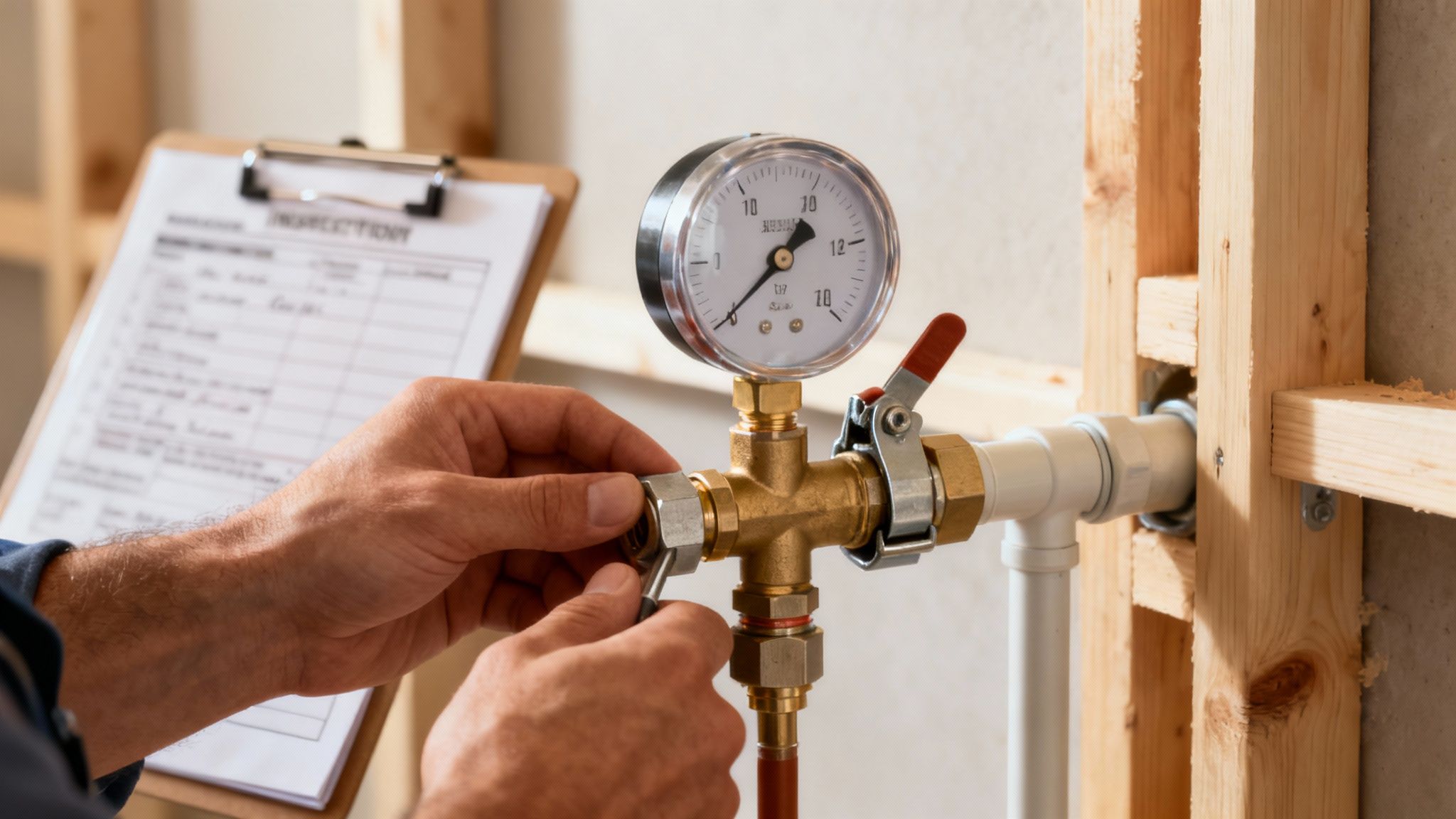 Close-up of a plumber's hands adjusting a pipe with a pressure gauge during an inspection.