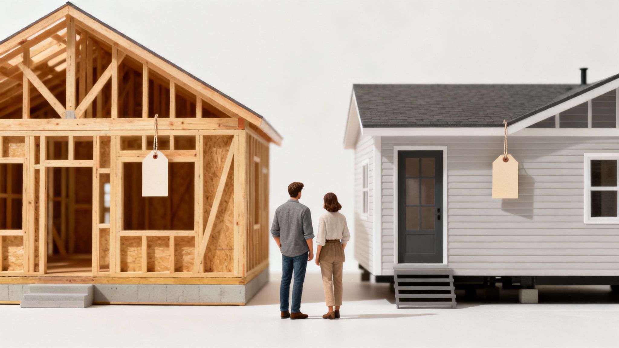 A modern manufactured home being lowered onto its foundation by a crane, with a construction crew guiding it into place.