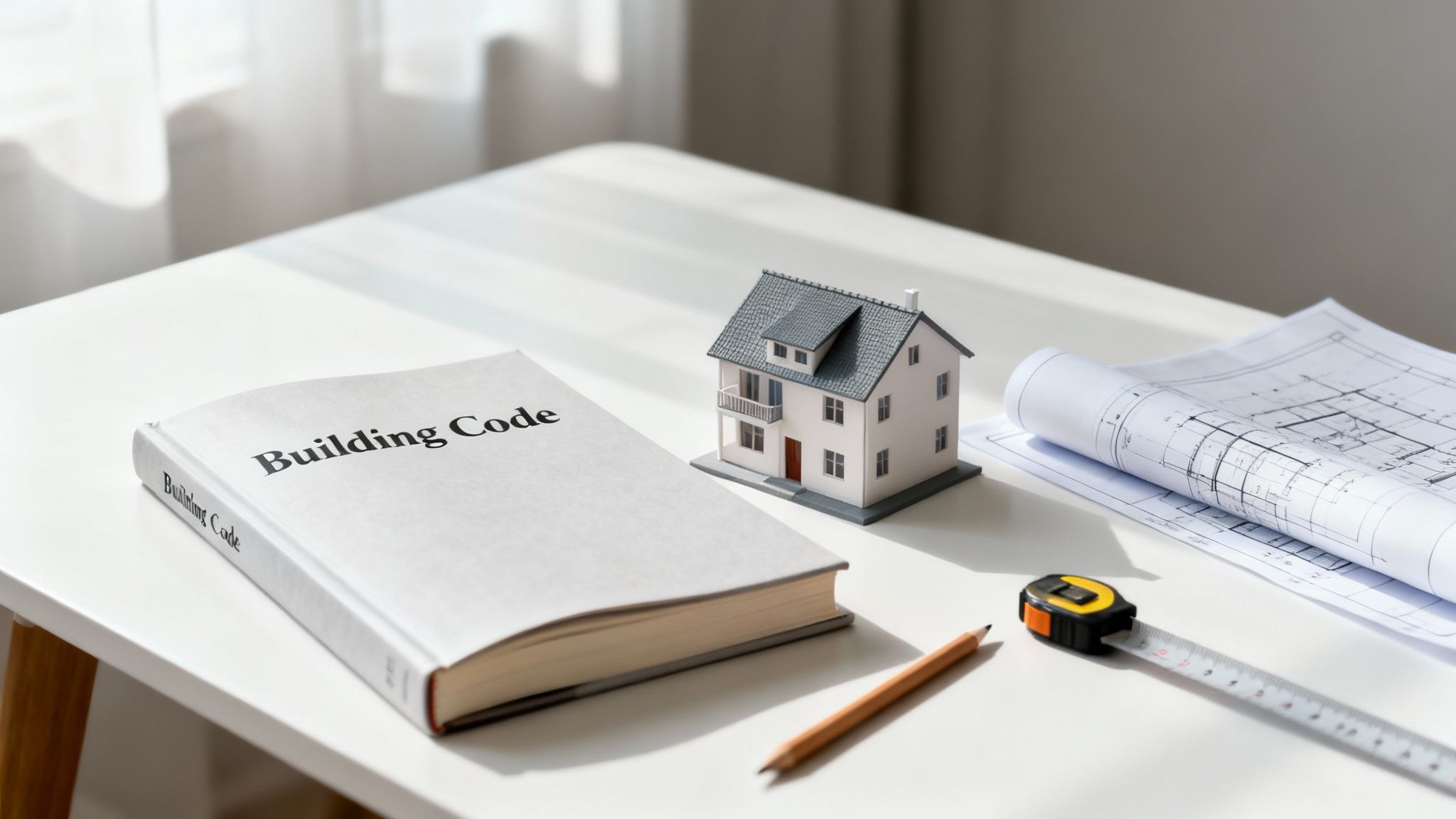 Construction workers reviewing blueprints on-site, illustrating the application of building codes.