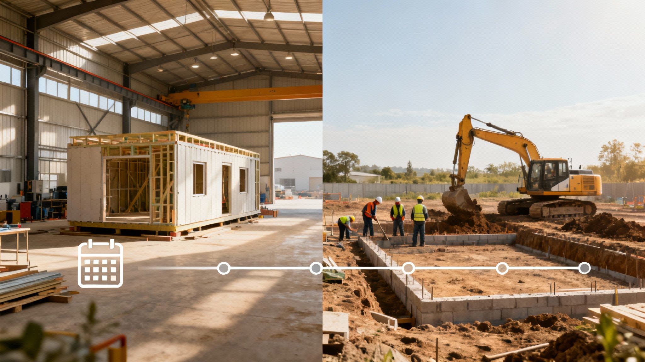 A timeline graphic comparing modular home construction in a factory with on-site foundation work.