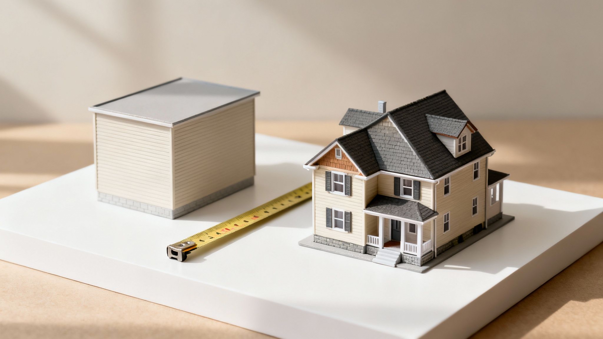Miniature house model, a simple building model, and a tape measure on a white surface.