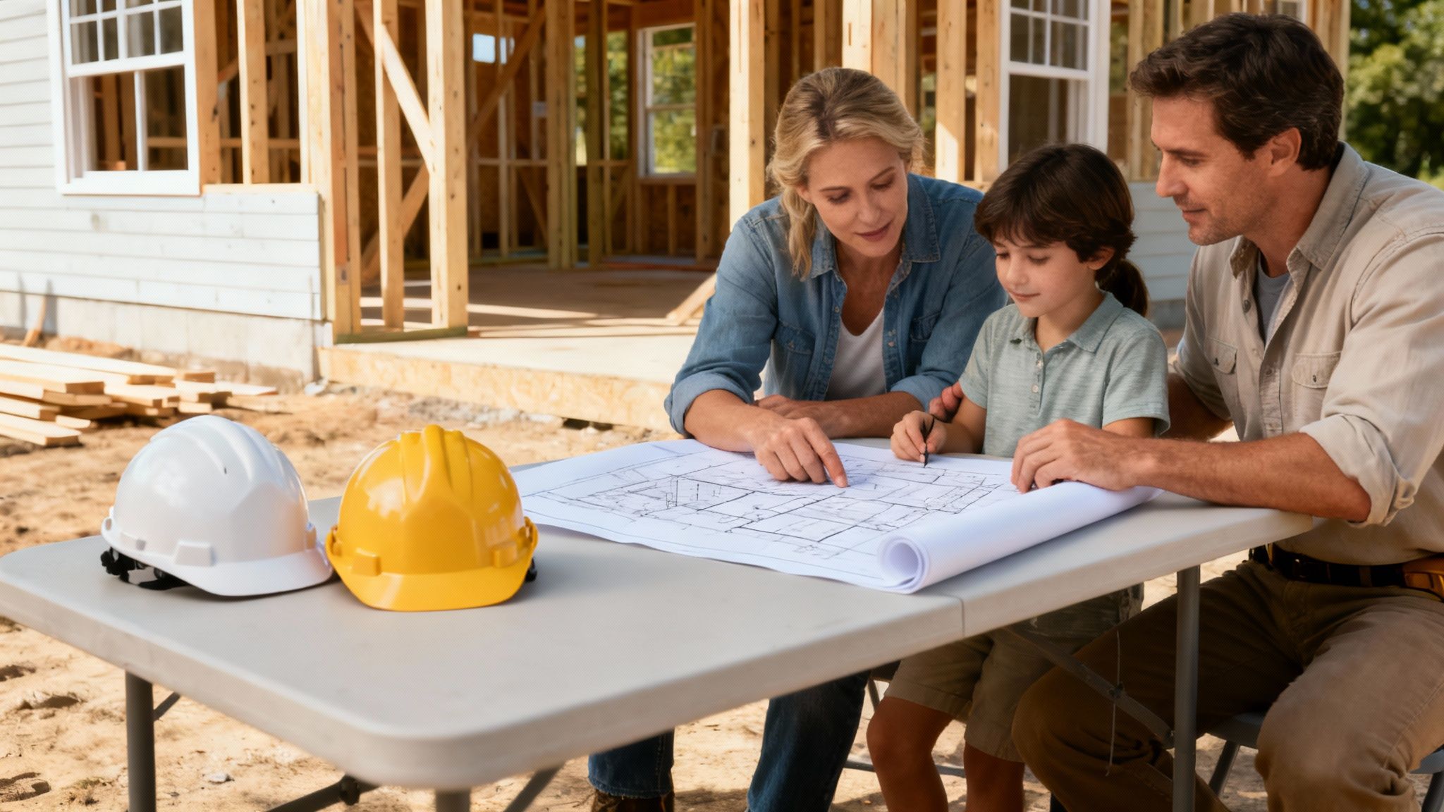 Family reviewing house blueprints at construction site with hard hats on table