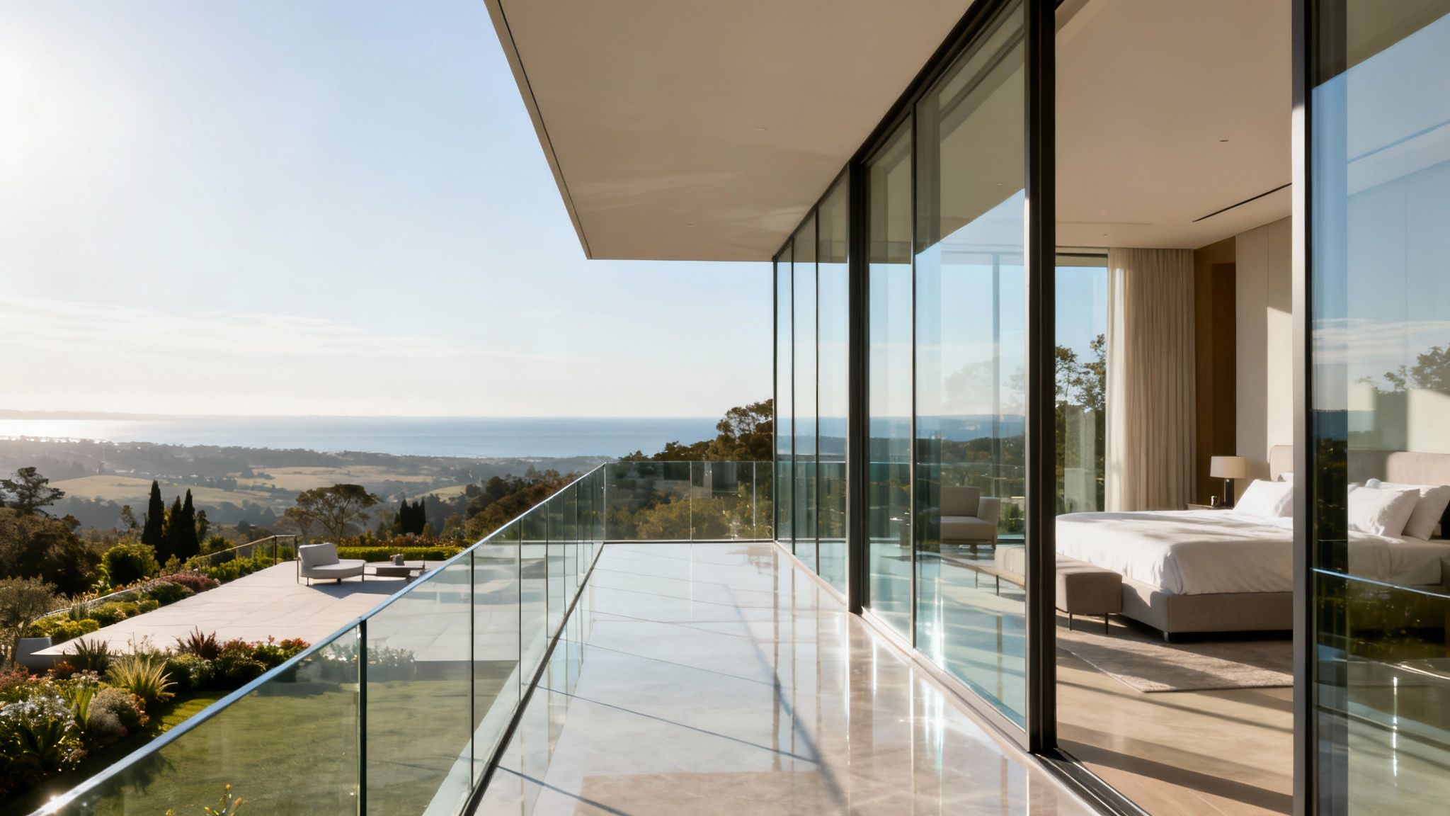 Luxurious modern bedroom with glass wall and balcony offering stunning ocean and landscape views.