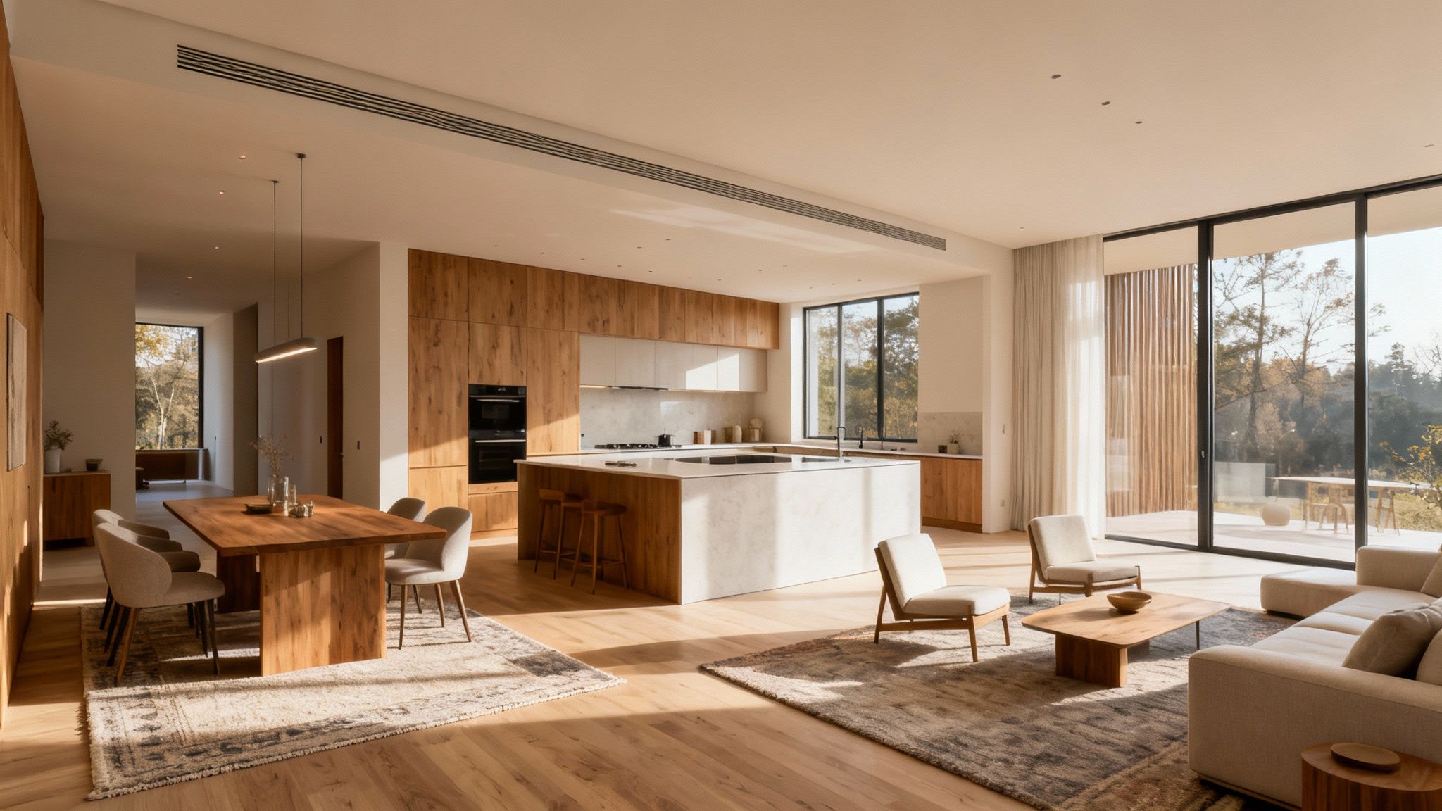 A bright, modern open-concept living space with dining area, kitchen island, and cozy living room.