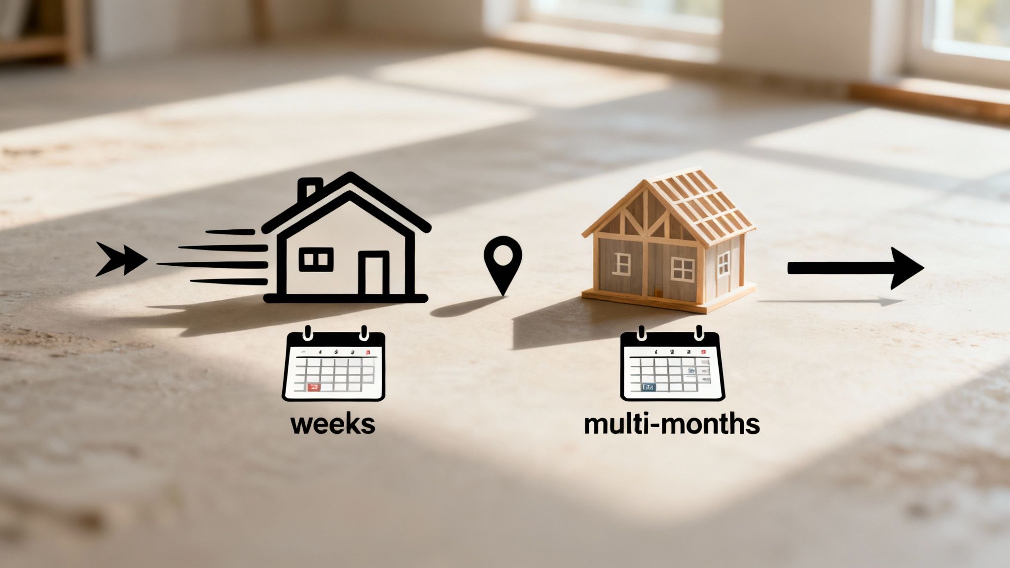 A modular home section being lifted by a crane onto a foundation