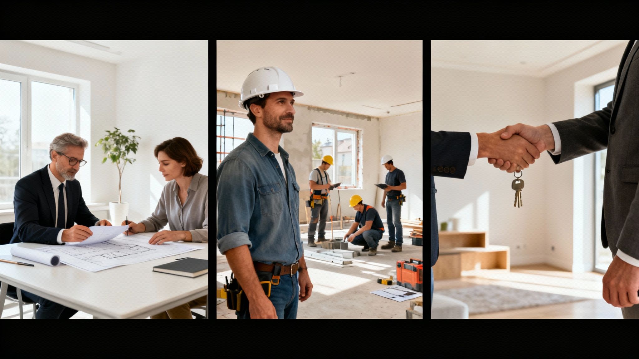 Construction manager and contractor reviewing blueprints on a job site