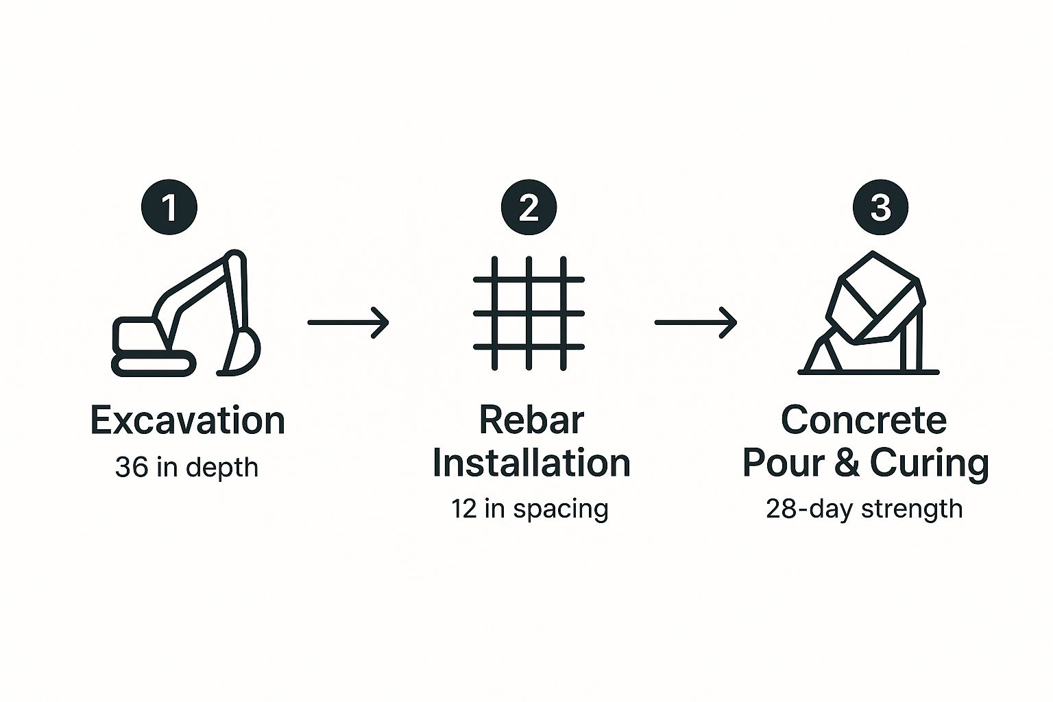 Infographic showing a 3-step process flow for building a foundation: Excavation to 36 inches, Rebar Installation with 12-inch spacing, and a 28-day Concrete Pour & Curing.