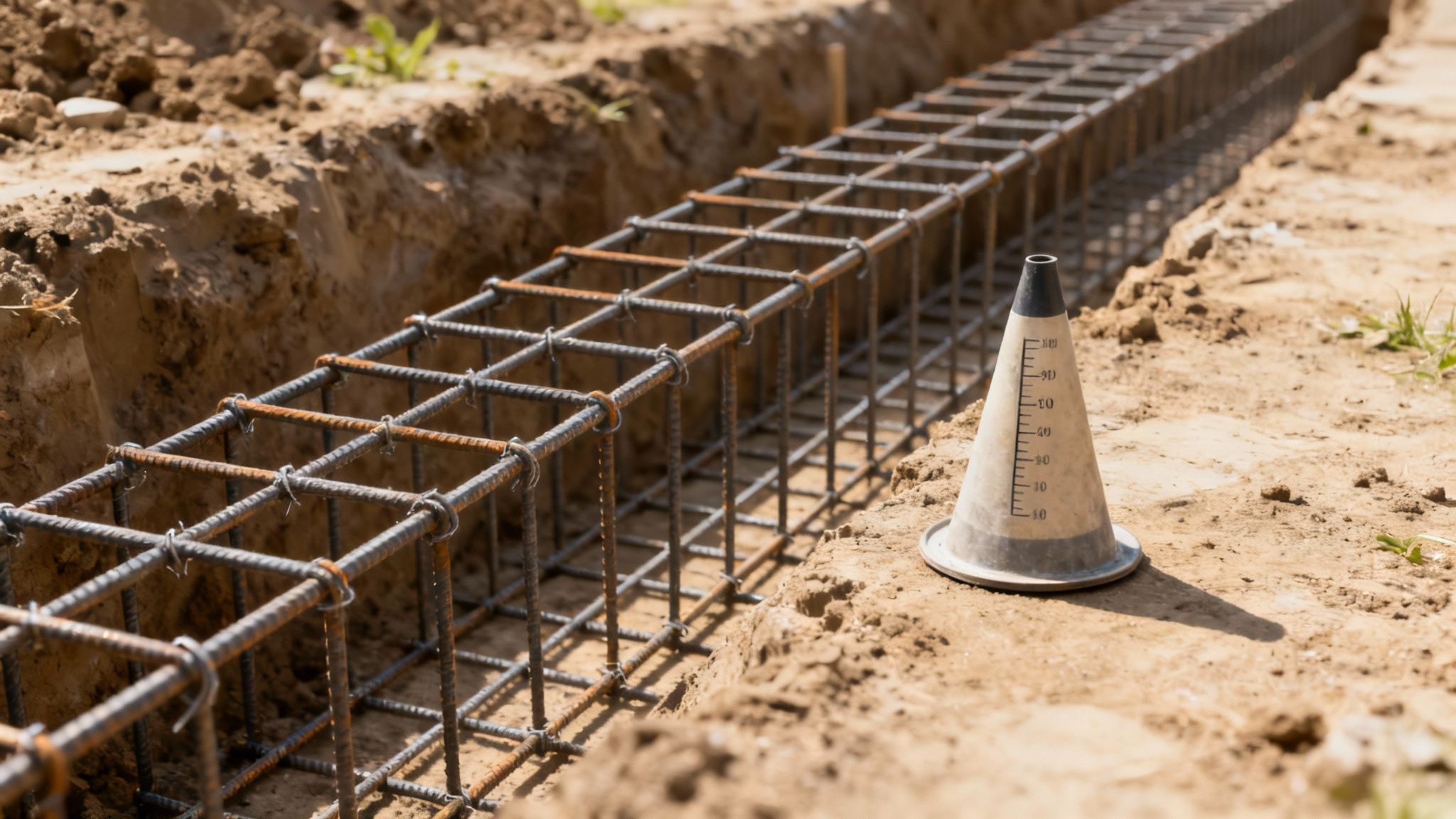 A construction worker inspects the rebar and formwork for a building's foundation before a concrete pour, highlighting the critical quality assurance checkpoint.