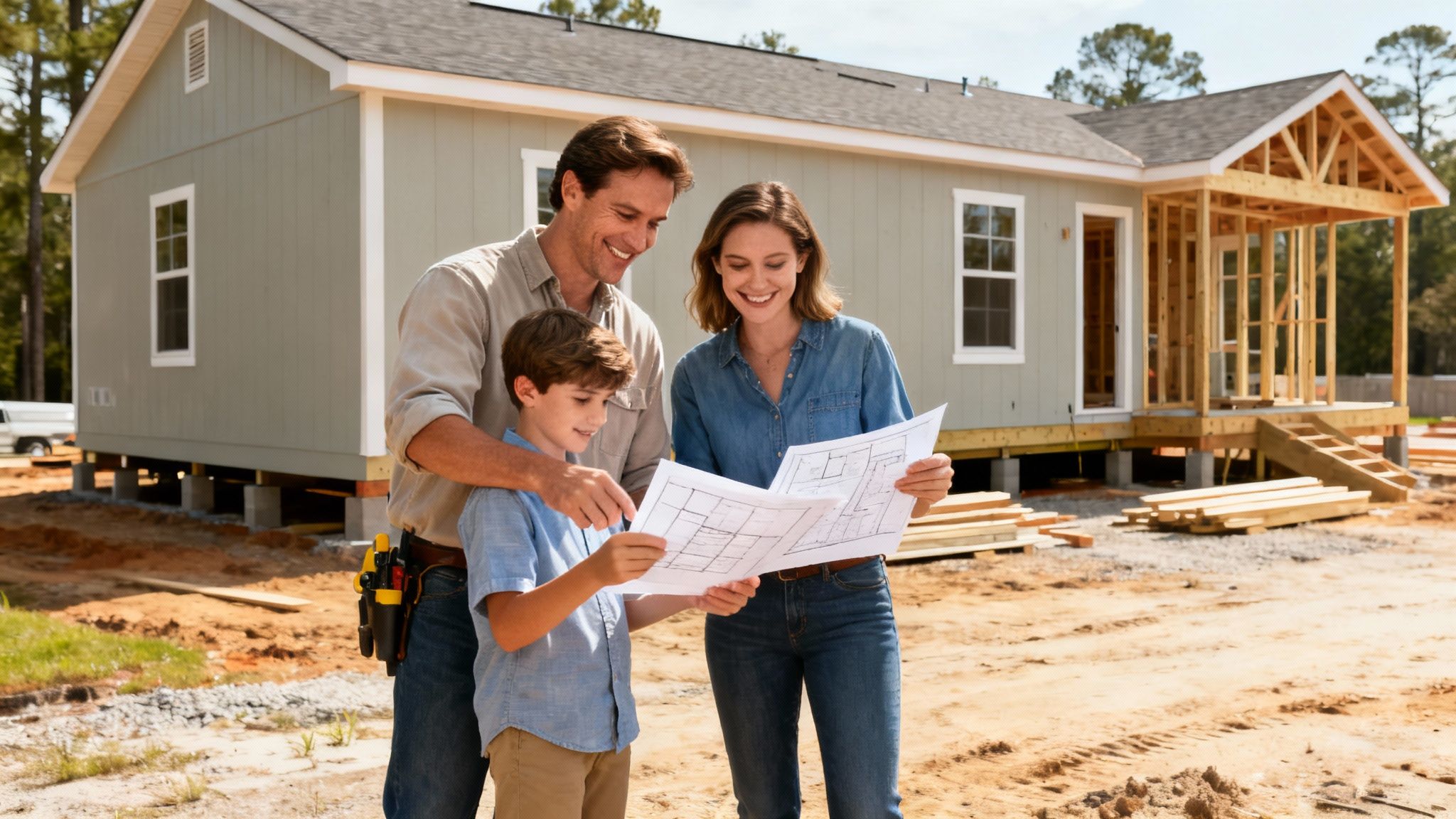 A detailed architectural blueprint for a custom modular home is spread out on a wooden table.
