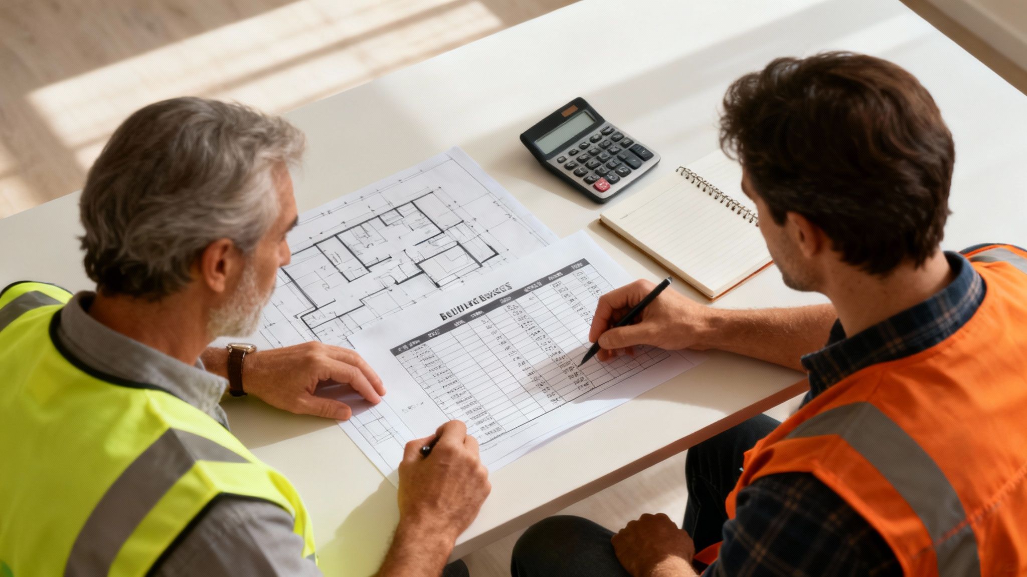 An organized workspace with architectural plans, a laptop, and various construction tools laid out on a table.