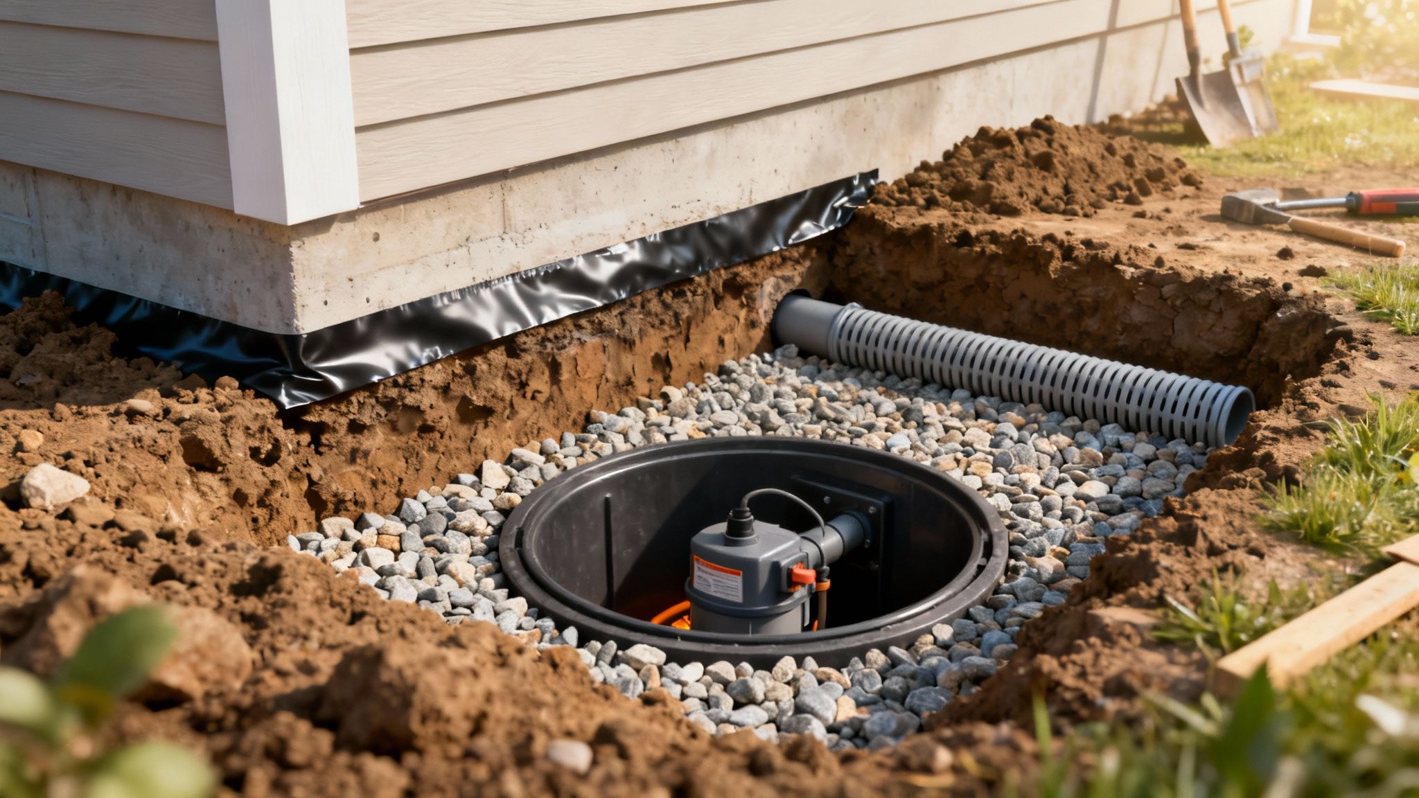 Trench around a house showing a new exterior basement waterproofing and drainage system.