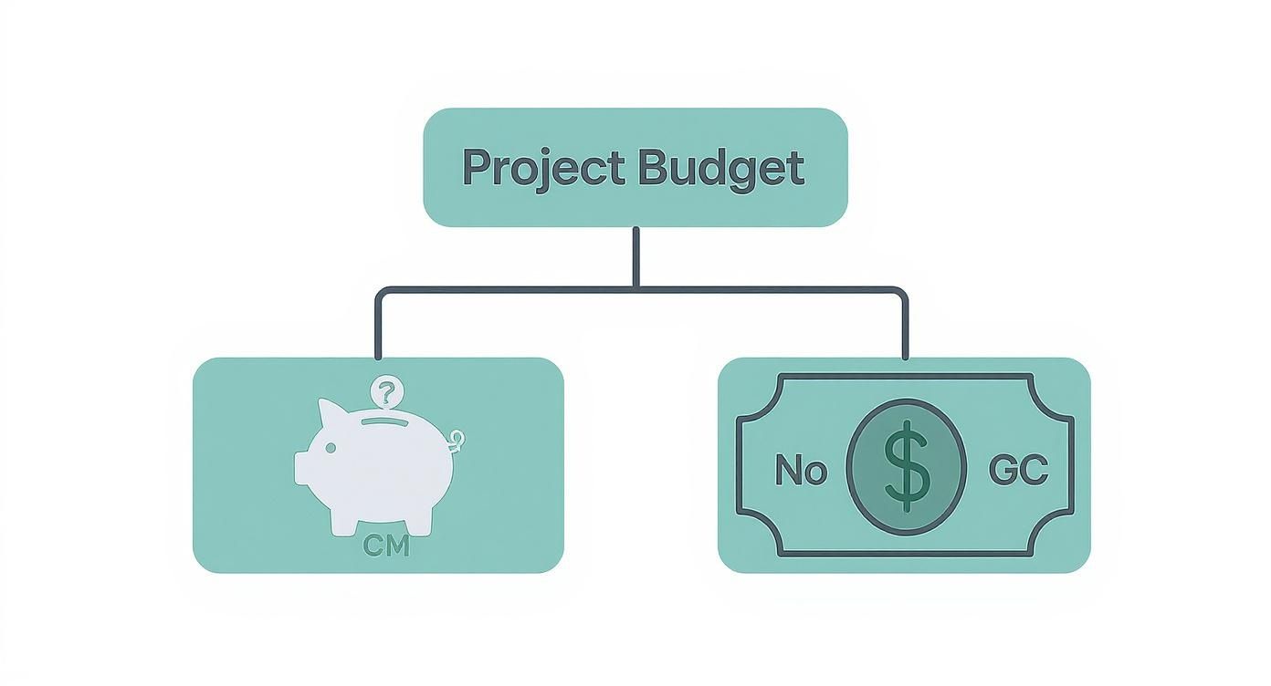Project budget diagram showing two branches: construction manager with piggy bank and general contractor with dollar bill
