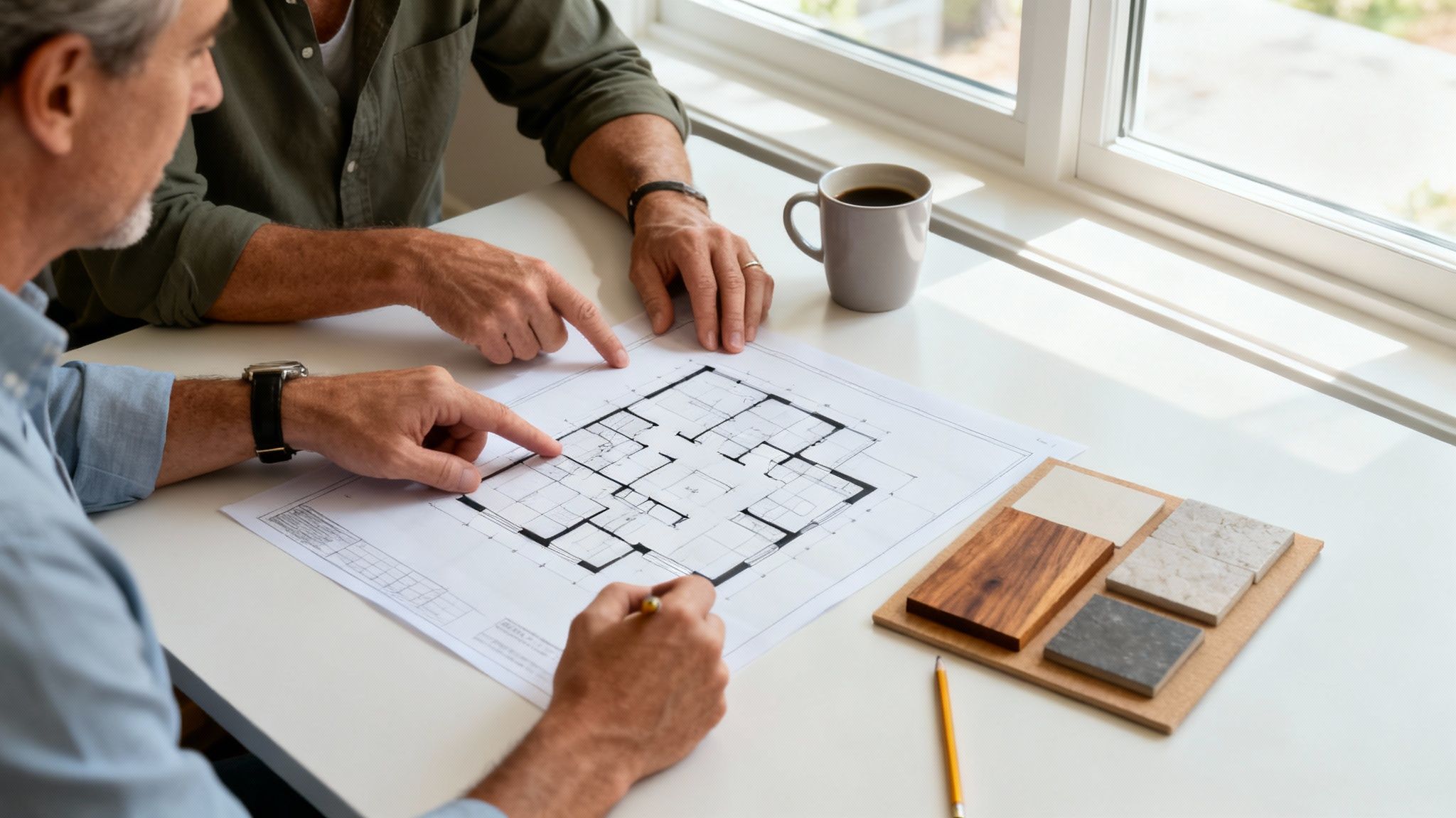 Two people reviewing blueprints for a custom home on a wooden table.