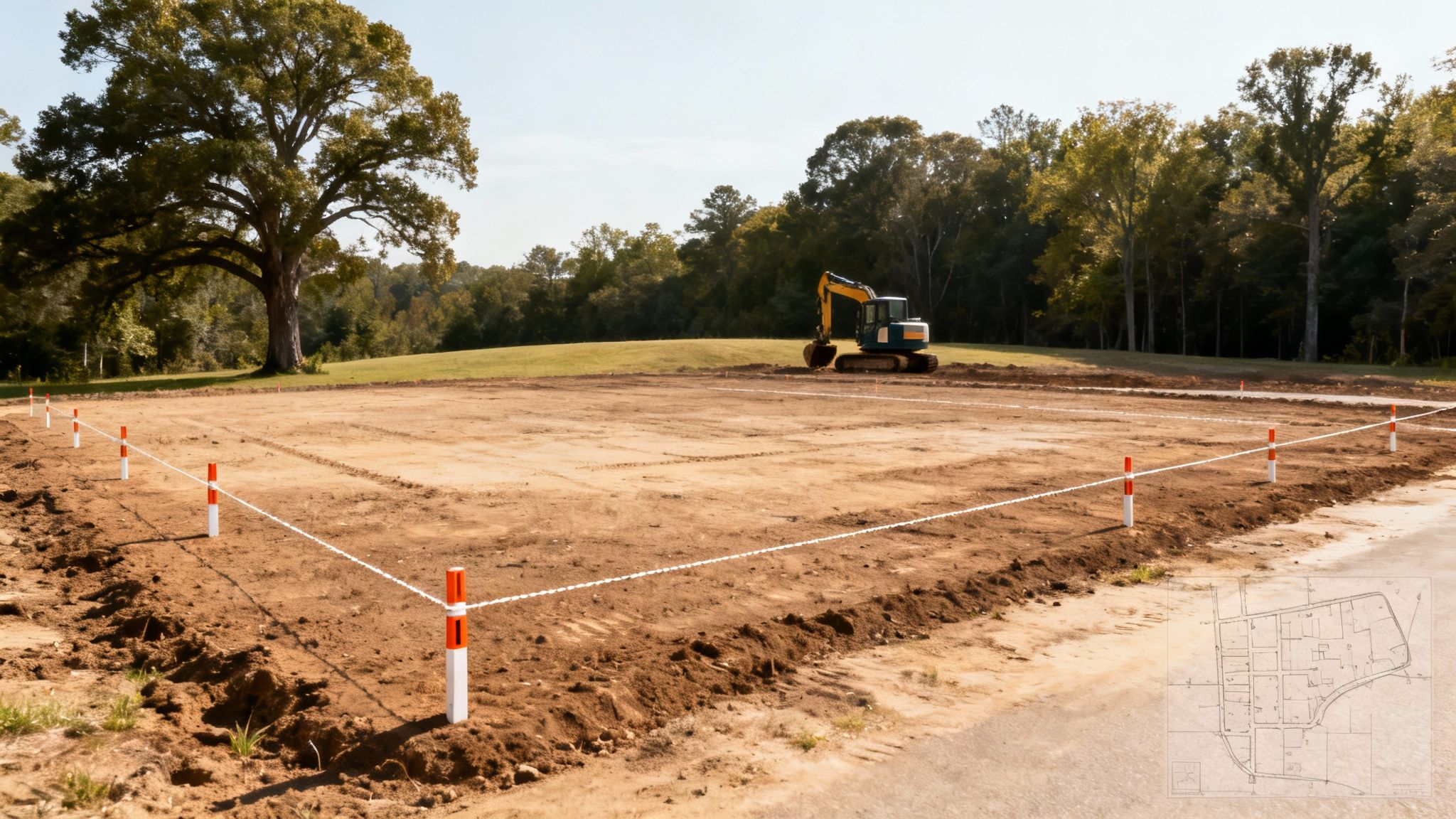 Groundbreaking for a new home, showing an excavator, marked foundation, and site plan.