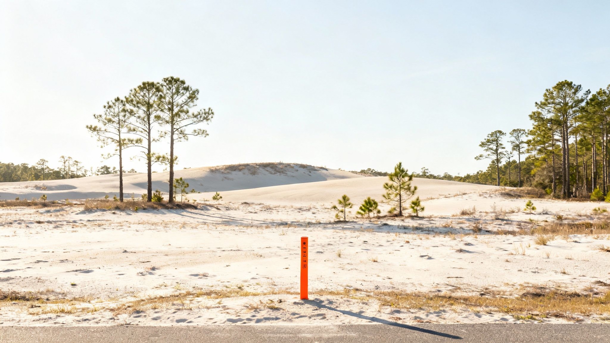 White sand dunes with scattered pine trees and orange survey marker in rural North Carolina landscape