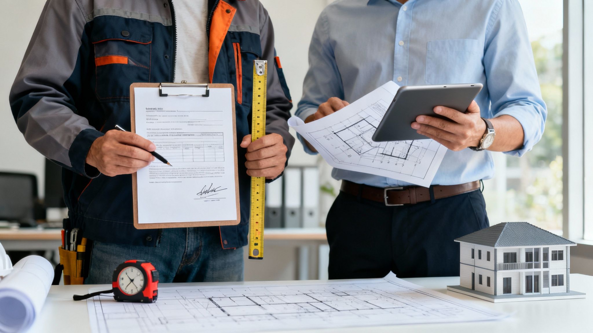 Construction contractor and manager reviewing blueprints and signed contract with architectural model