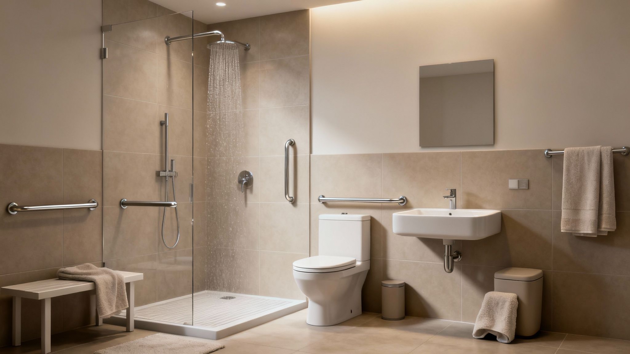 A modern, accessible bathroom featuring a spacious, zero-threshold walk-in shower with a built-in bench and stylish grab bars.