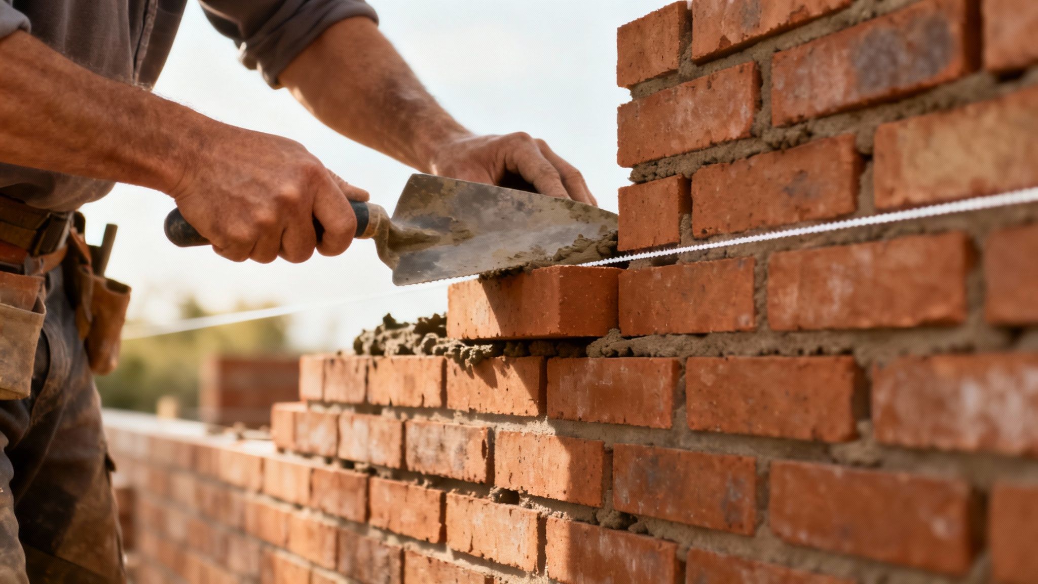 A professional mason carefully laying a course of bricks on a new home, demonstrating the craft of building a brick wall.