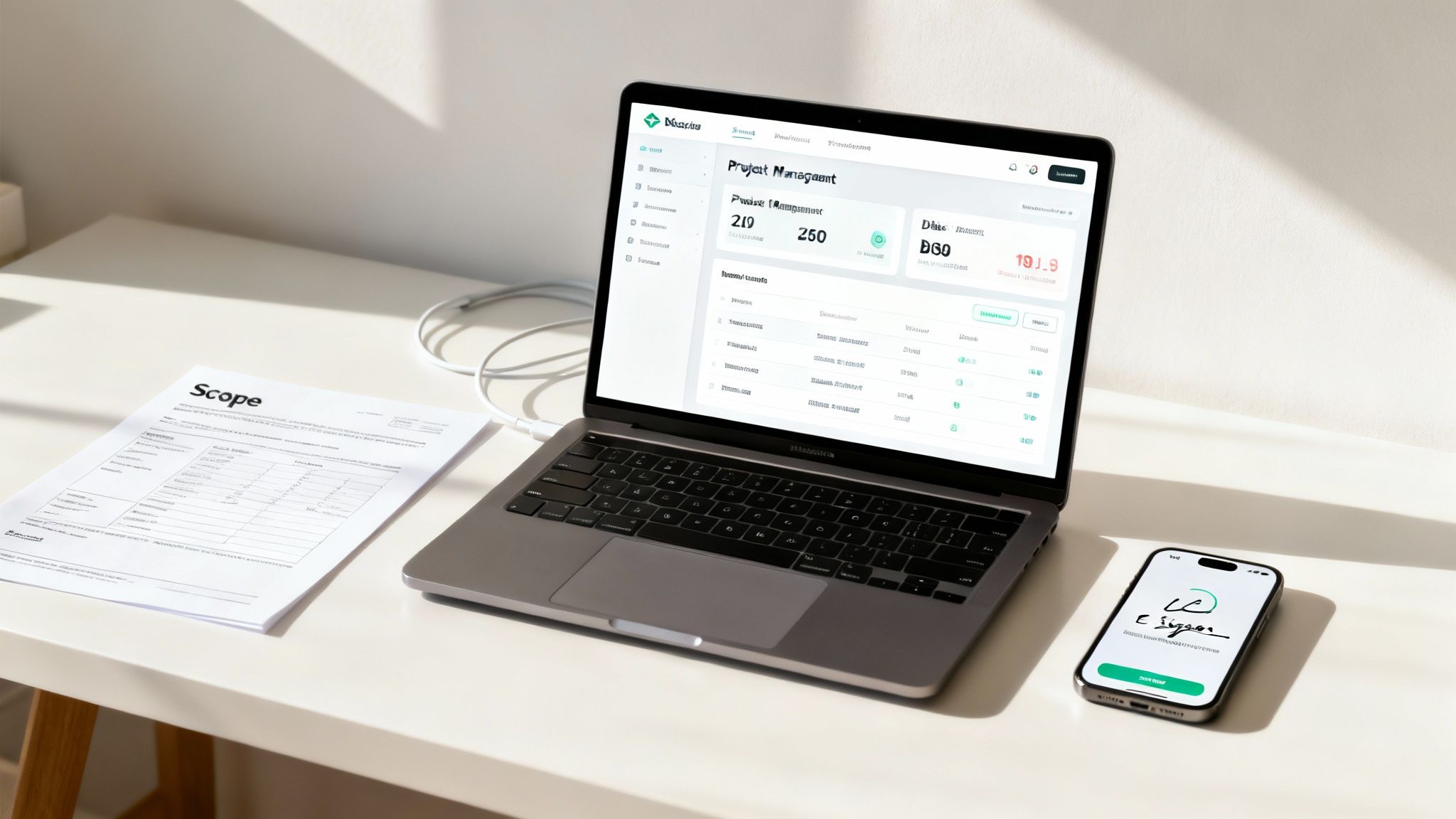 A construction manager using a tablet to review digital blueprints and project management software on a job site.