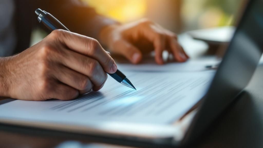 A person signing a design build contract template, with architectural blueprints in the background.