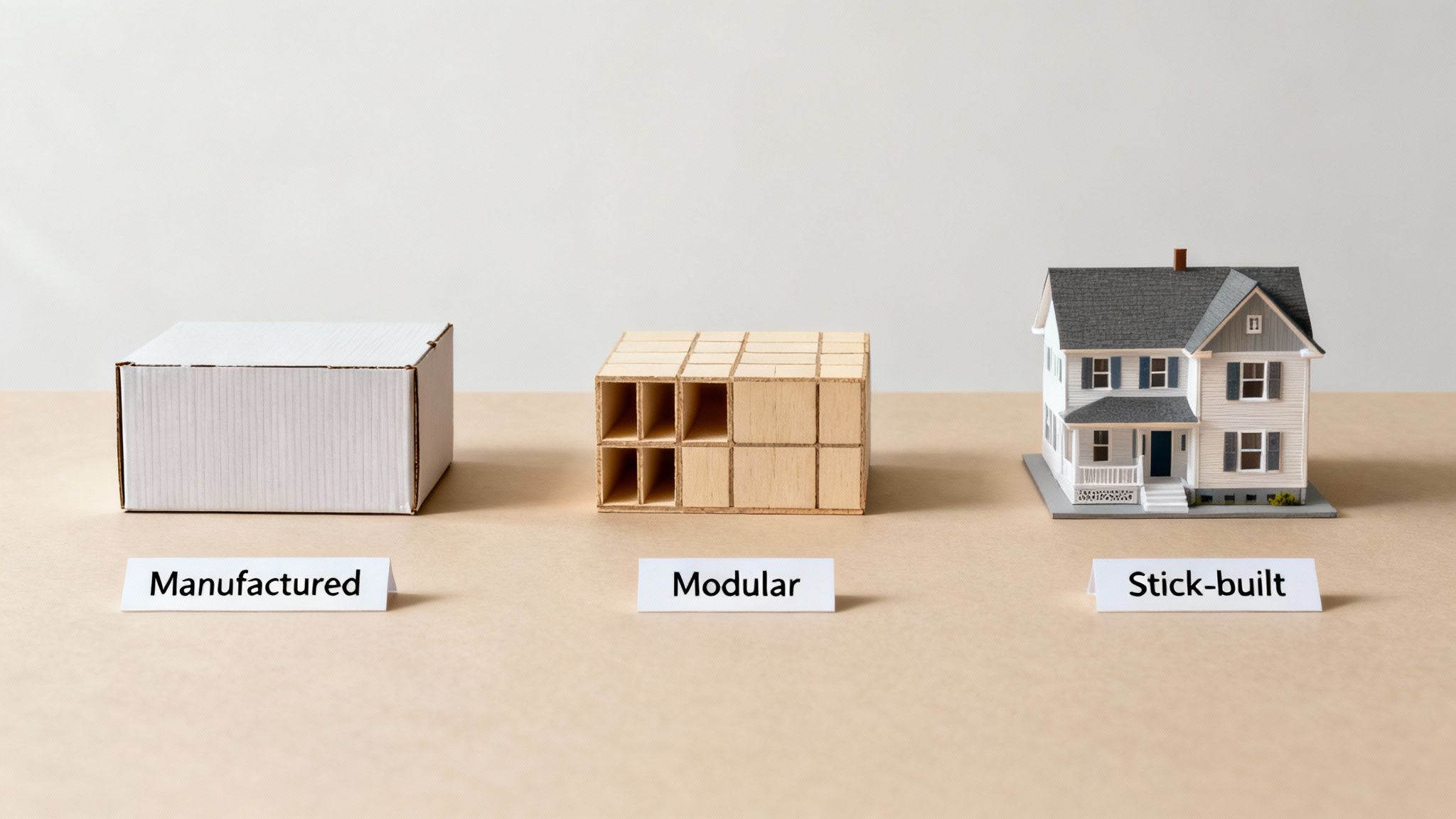 Three homes side-by-side representing different construction styles