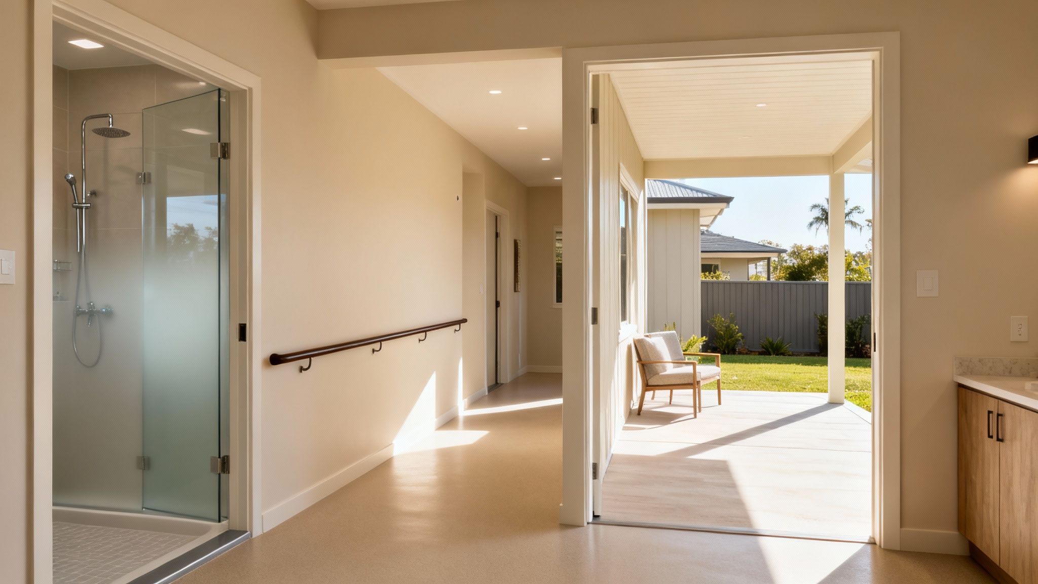 Bright, modern hallway with a glass shower, a handrail, and an open view to a sunny patio and garden.