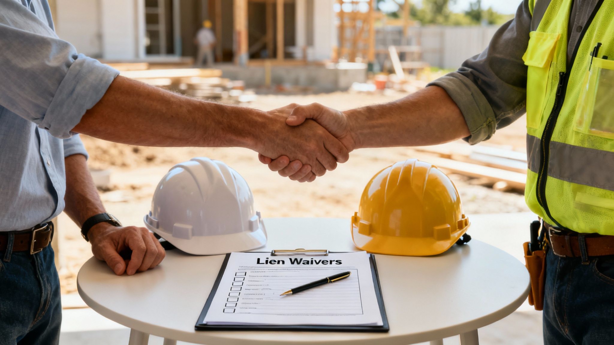 An SEGC team member in a hard hat reviewing blueprints with a client on a sunny construction site, symbolizing partnership and proactive planning.