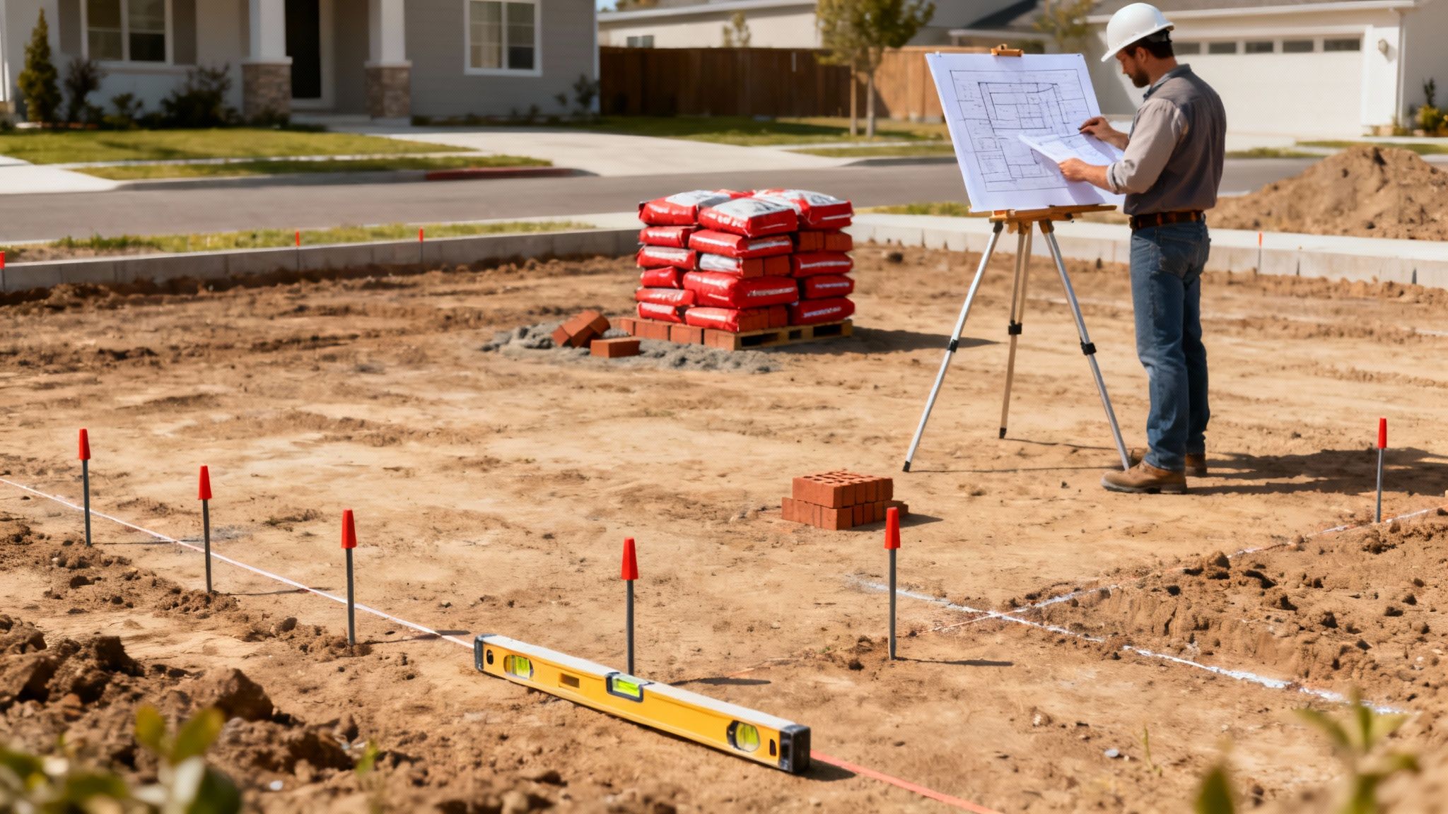 A brick house under construction, showing the wooden frame with brick veneer being applied.