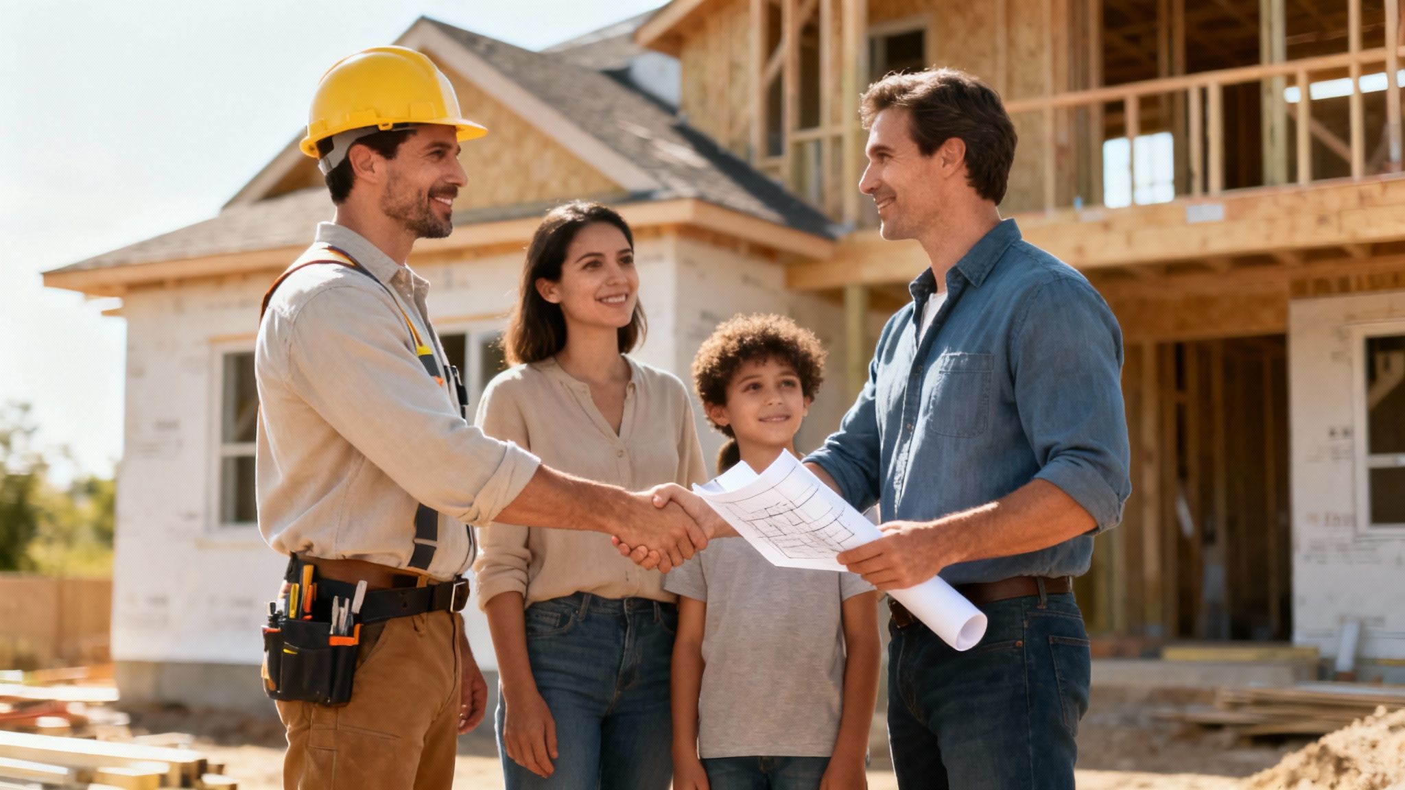 Construction worker shakes hands with a homeowner, family, and child in front of a new stick-built house.