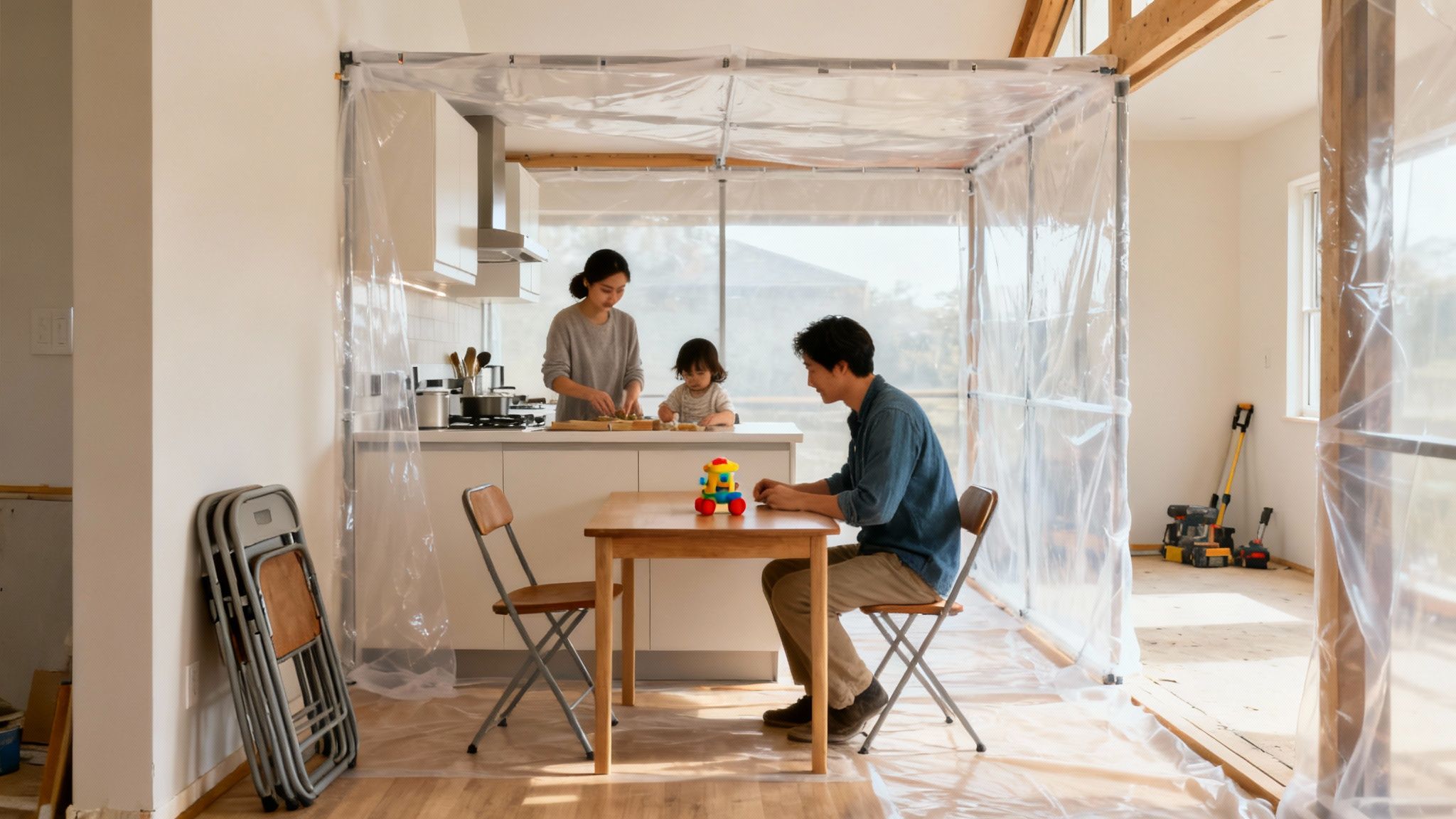 Family living in kitchen area protected by plastic sheeting during home renovation construction