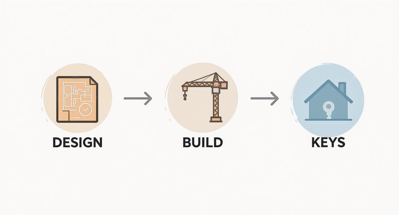Three-step home construction process showing design blueprints, building crane, and house keys delivery stages