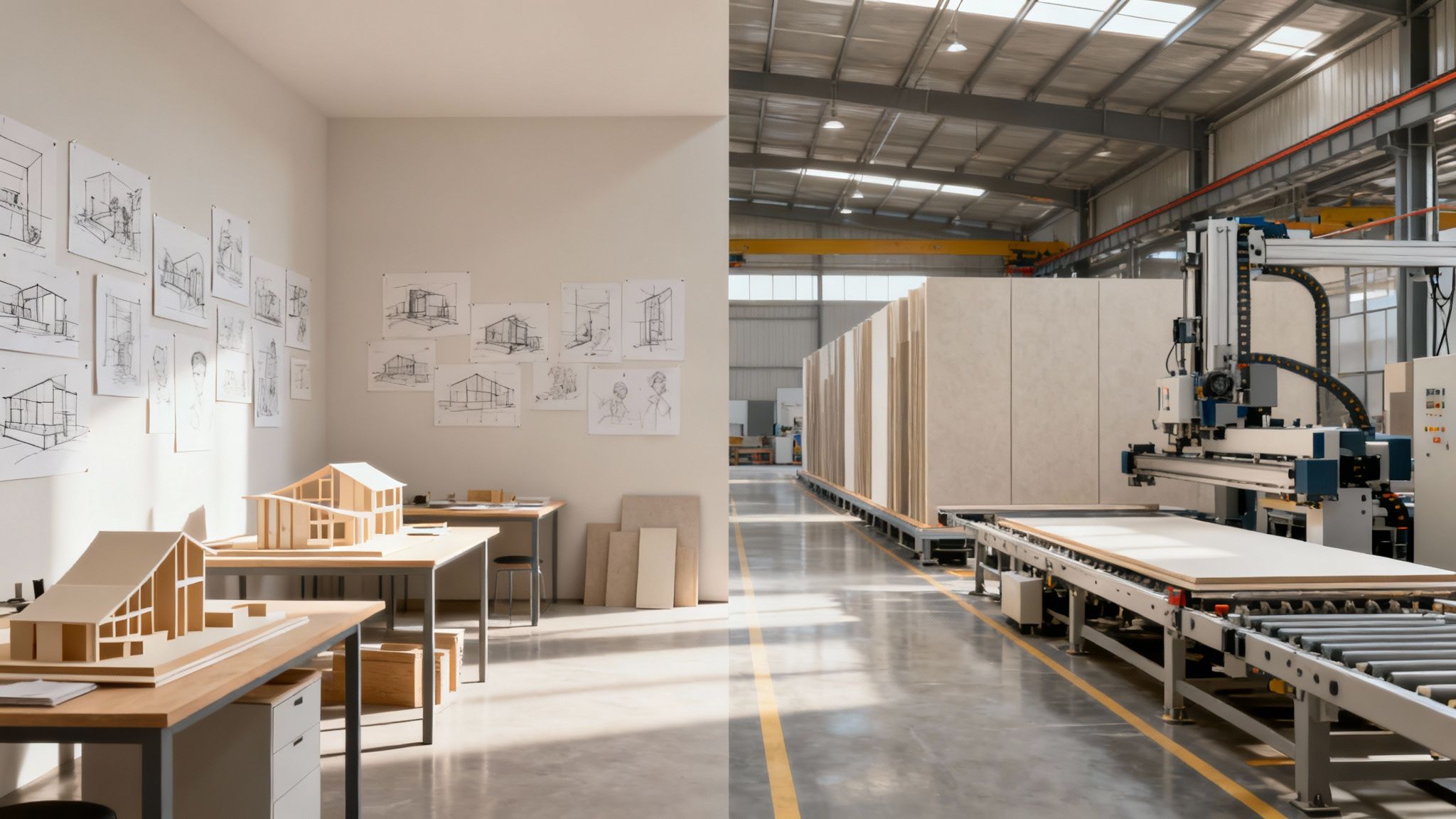 A construction site showing a stick-built home in the framing stage, highlighting the intricate woodwork and on-site labor involved.