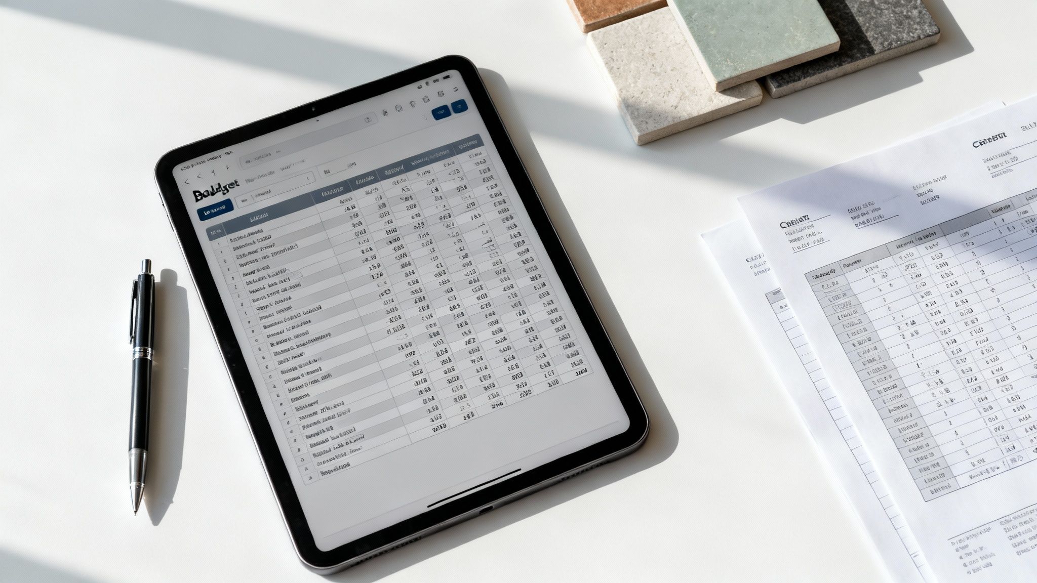 Detailed spreadsheet for a home renovation budget displayed on a laptop screen, with material samples and a calculator nearby.