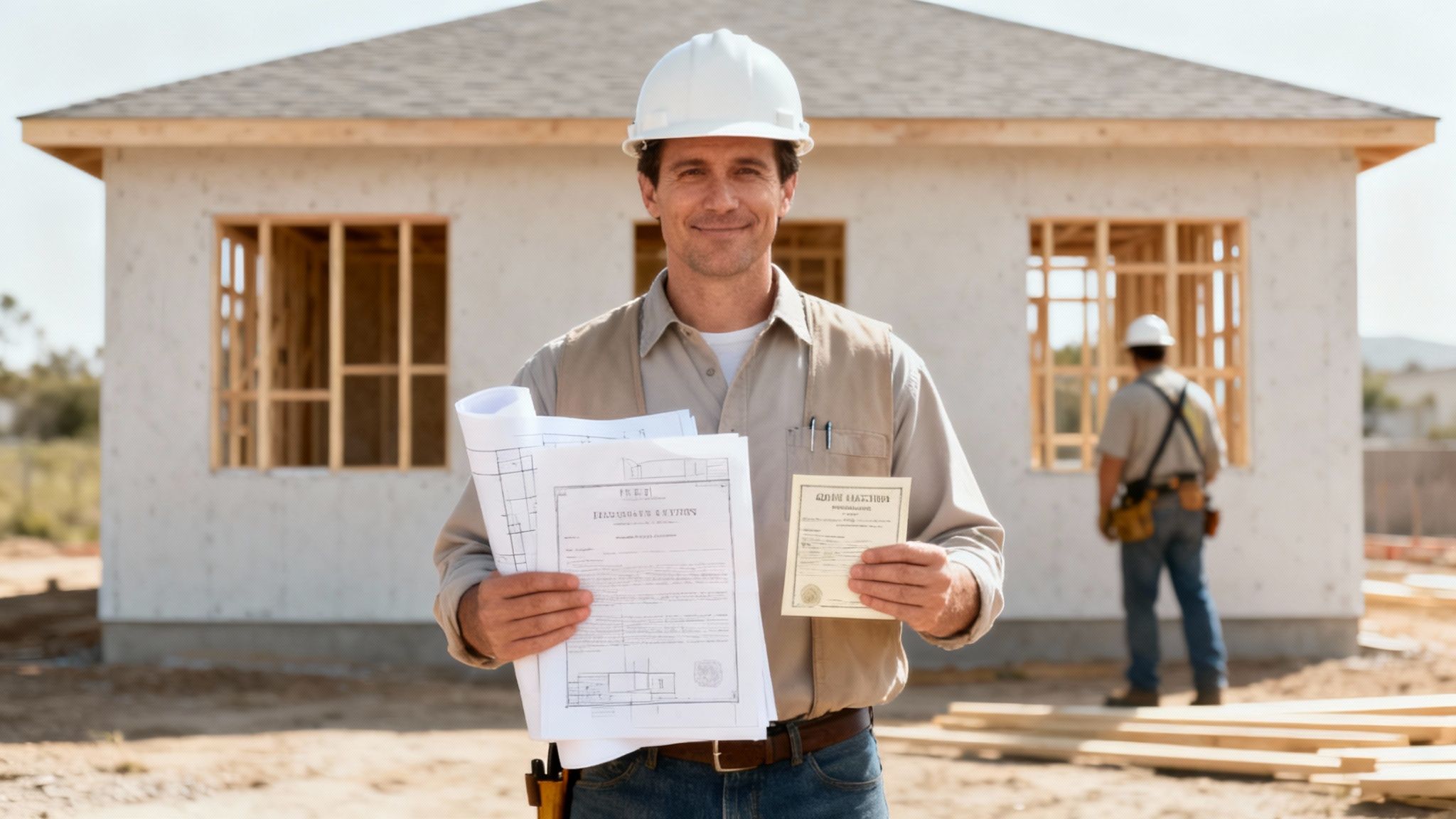 A construction site with blueprints and safety gear laid out on a wooden surface, showing the planning phase of a building project.