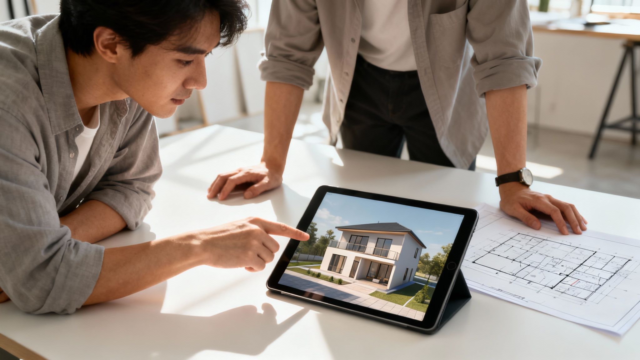 A detailed digital model of a home's interior, showing a living room and staircase, part of the SEGC virtual tour process.