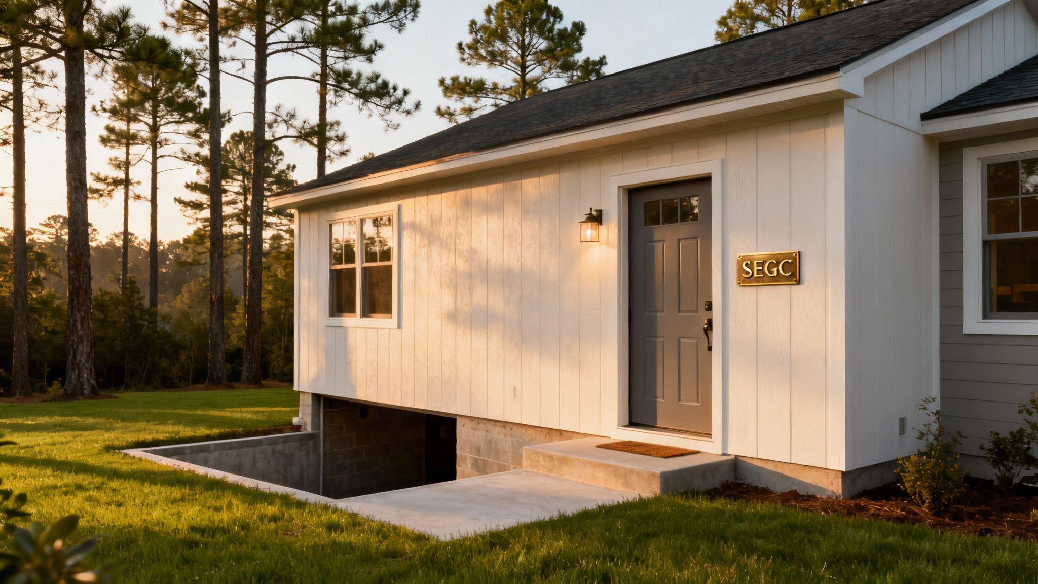A modern white house with a gray door, outside light, and concrete basement entrance steps.