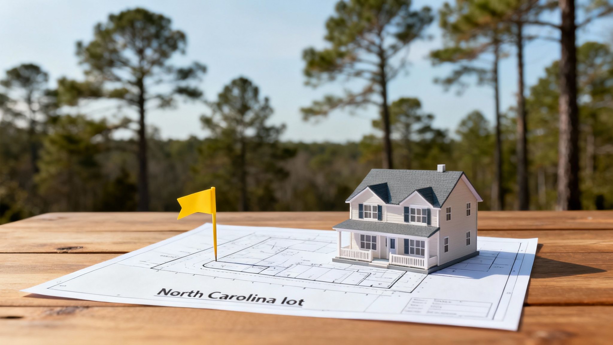 Model house on North Carolina lot blueprint with yellow flag marker for land home packages