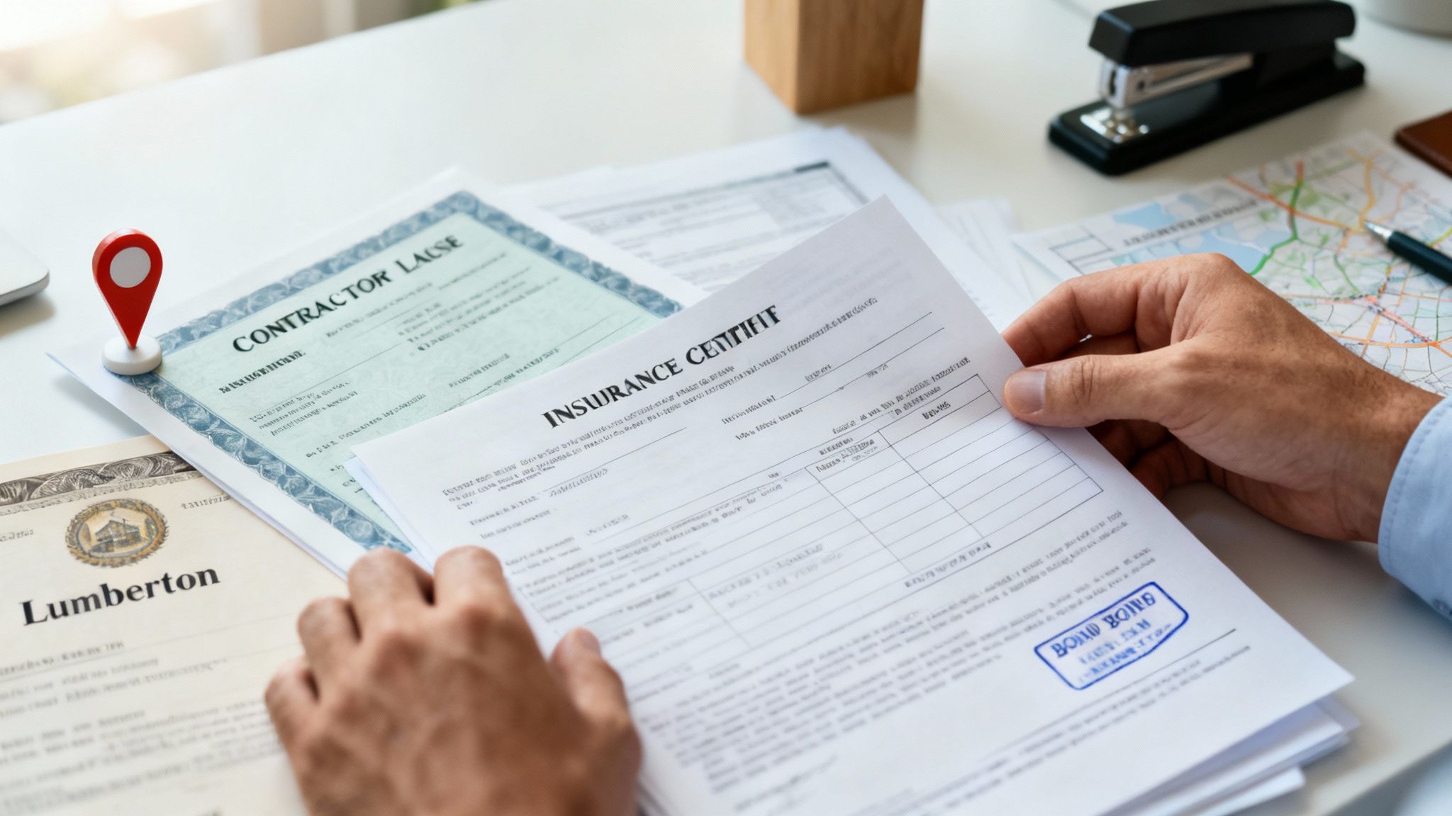 A person reviews an insurance certificate and contractor documents on a desk with a map and stapler.