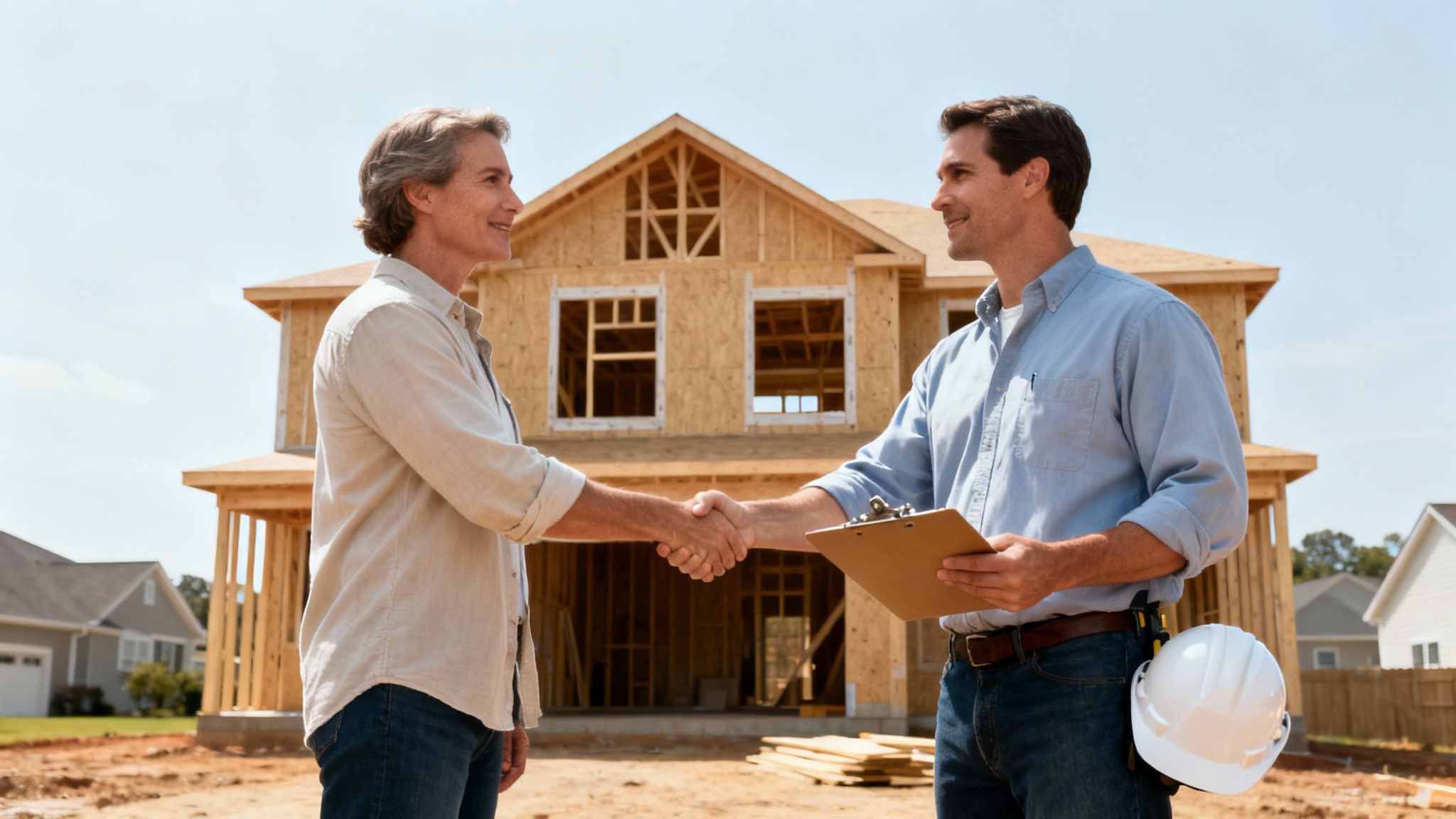 Contractor and client shaking hands at a new home construction site.