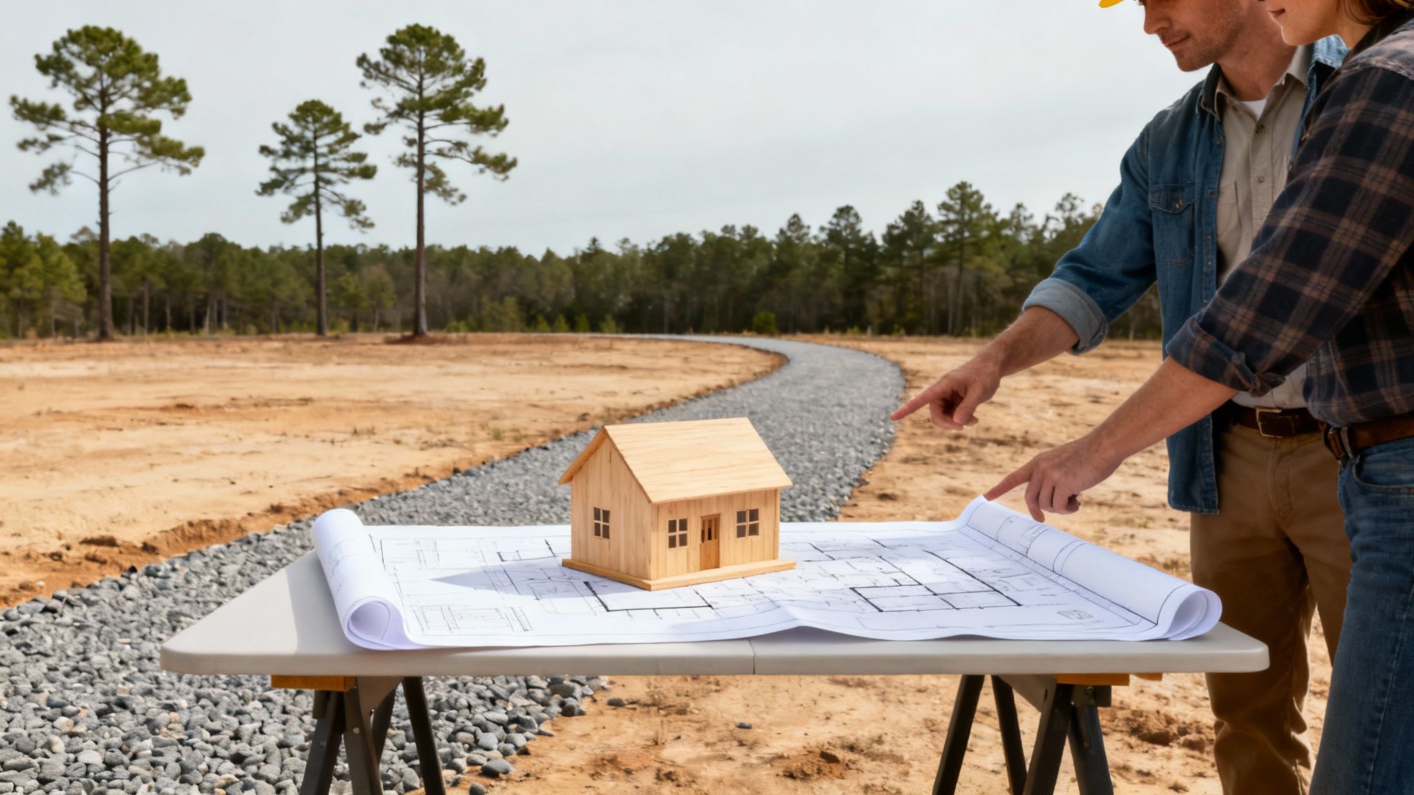 Couple reviewing blueprints and house model at residential construction site in North Carolina