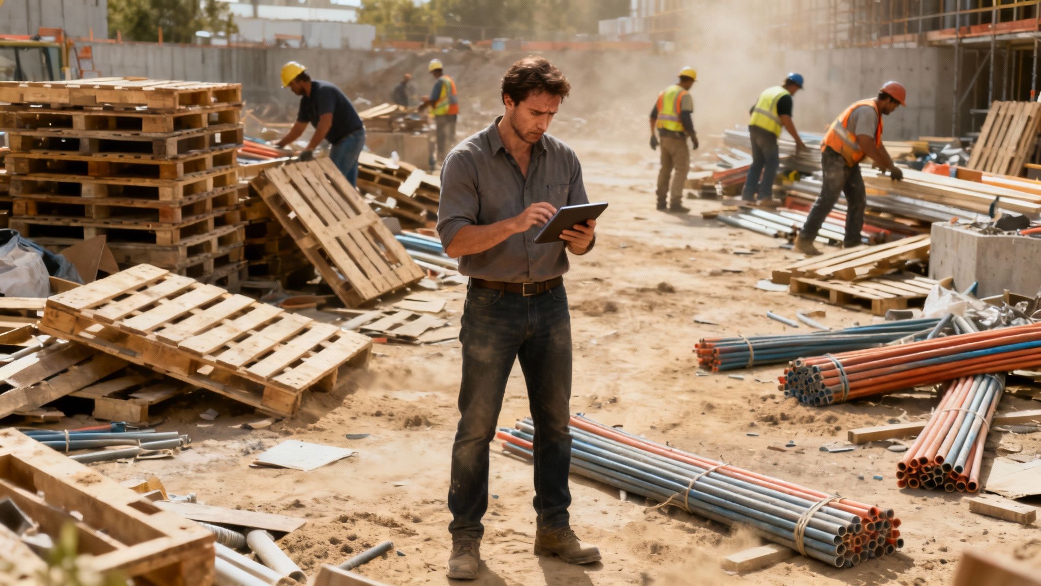 Construction workers reviewing plans on a job site, highlighting the need for material tracking.