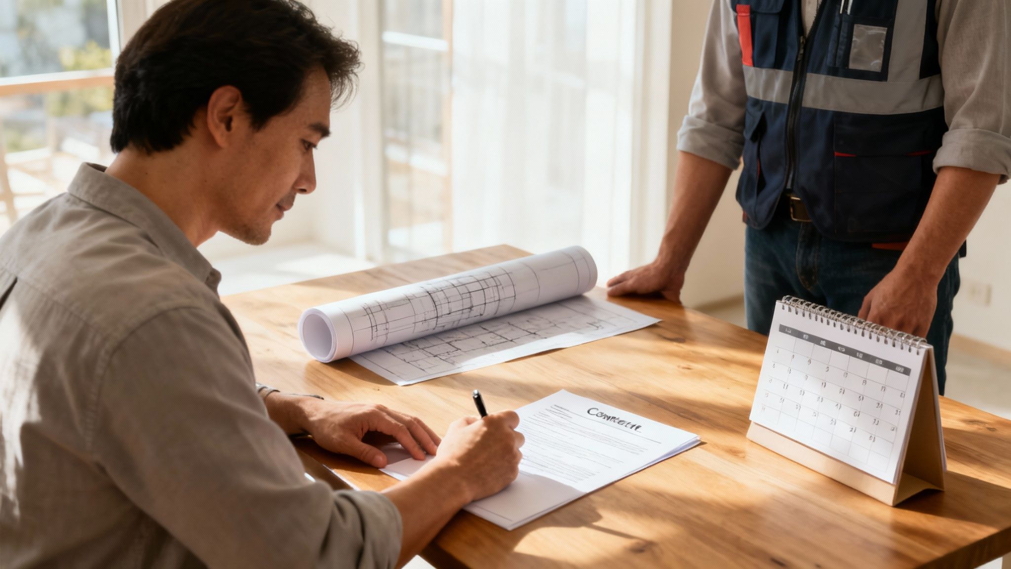 A construction site with the framing of a house against a blue sky.