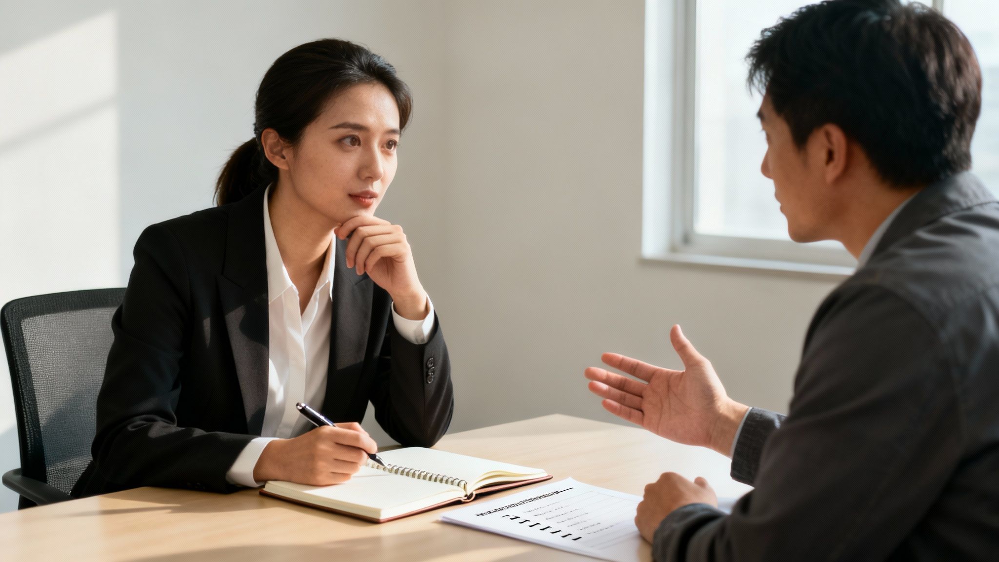 Professional woman intently listening and writing notes while a man speaks during a business meeting.