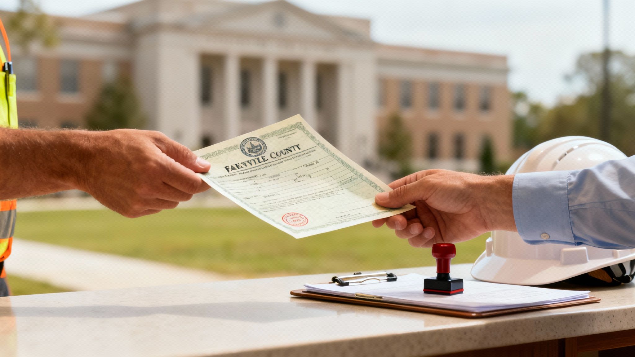 A blueprint spread out on a wooden table, showing architectural plans for a construction project.