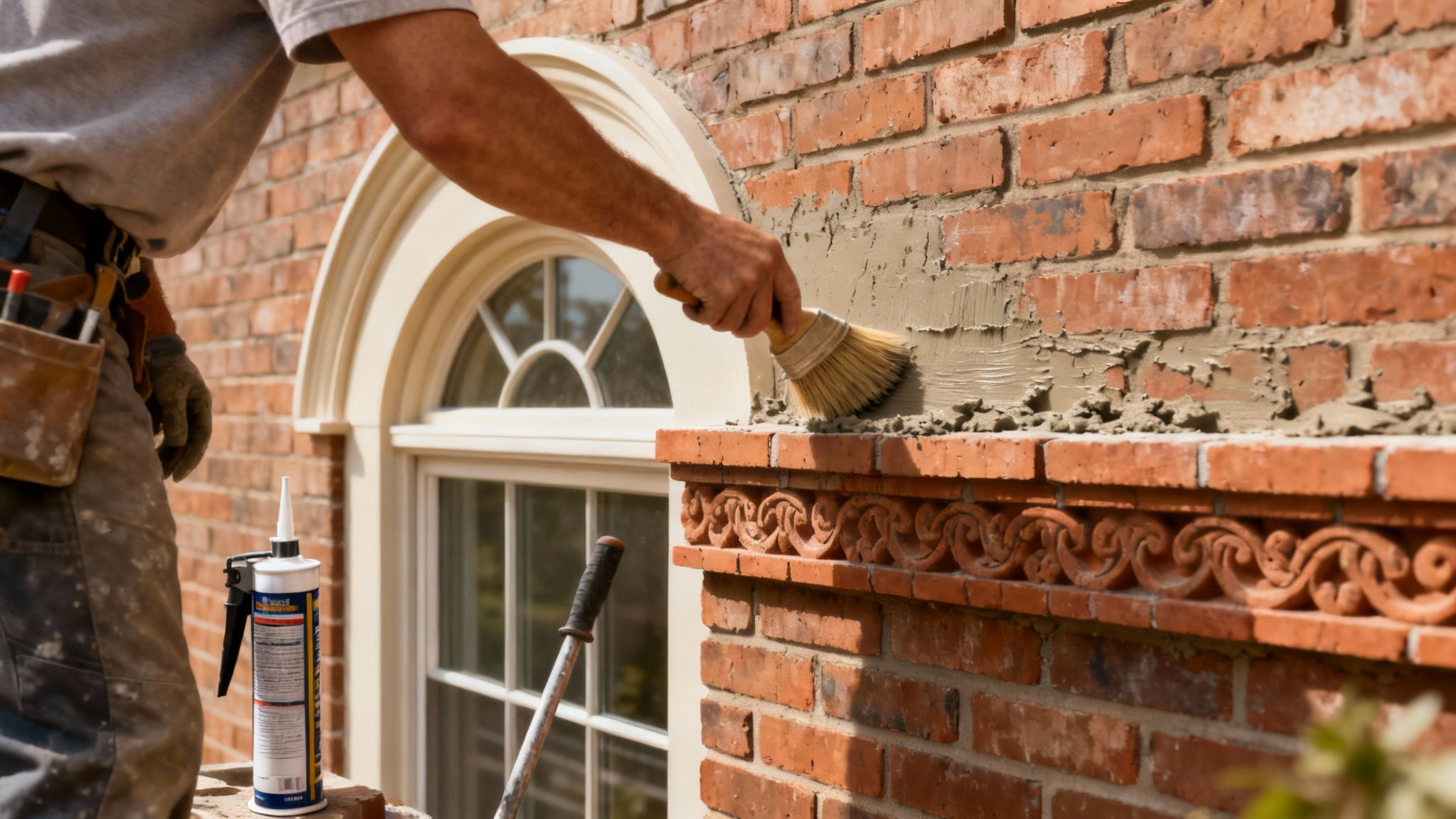 A newly finished brick home with clean mortar lines and architectural details, showcasing the final polished look.