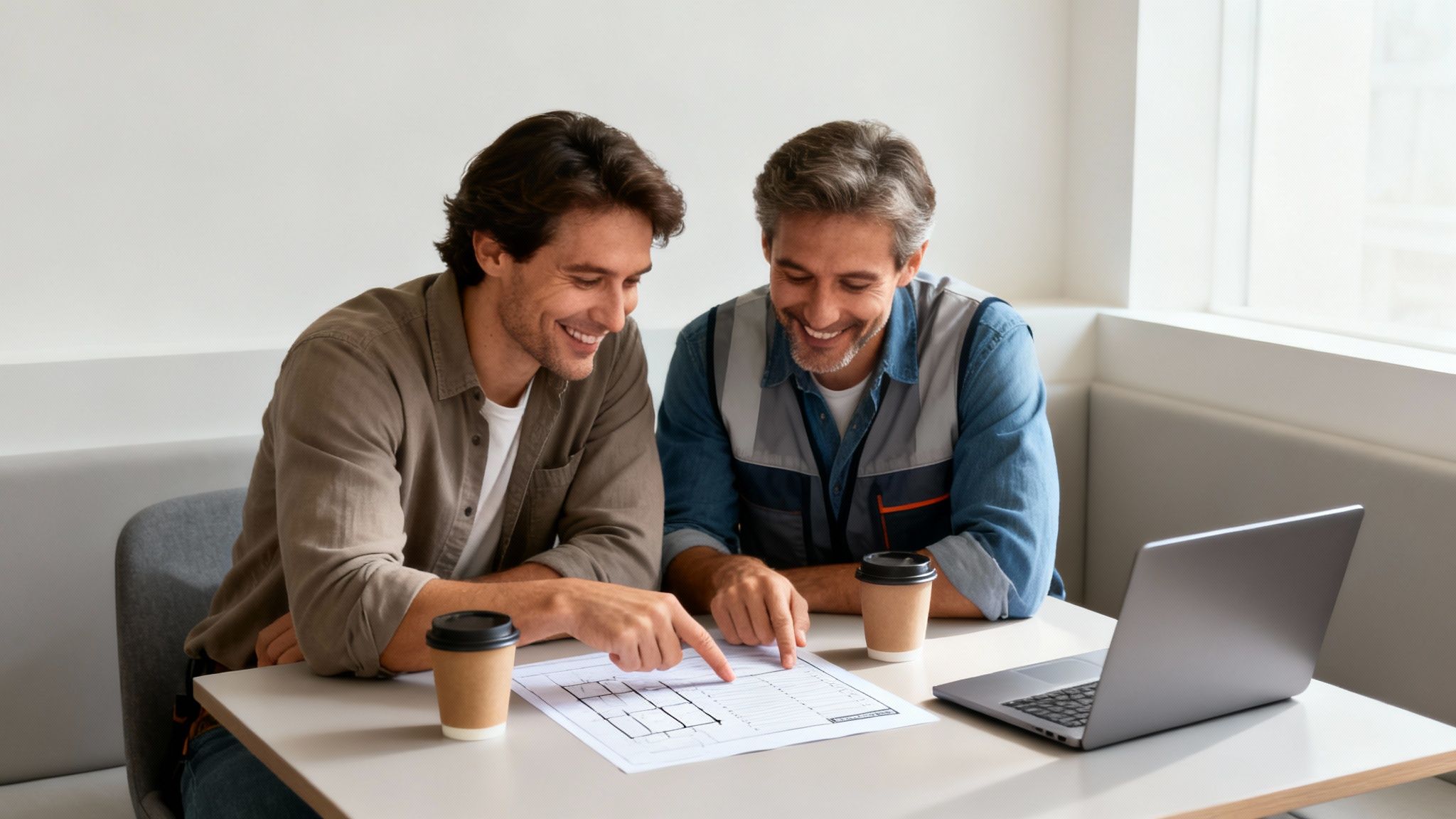 A contractor and client having a collaborative discussion over project plans at a table.
