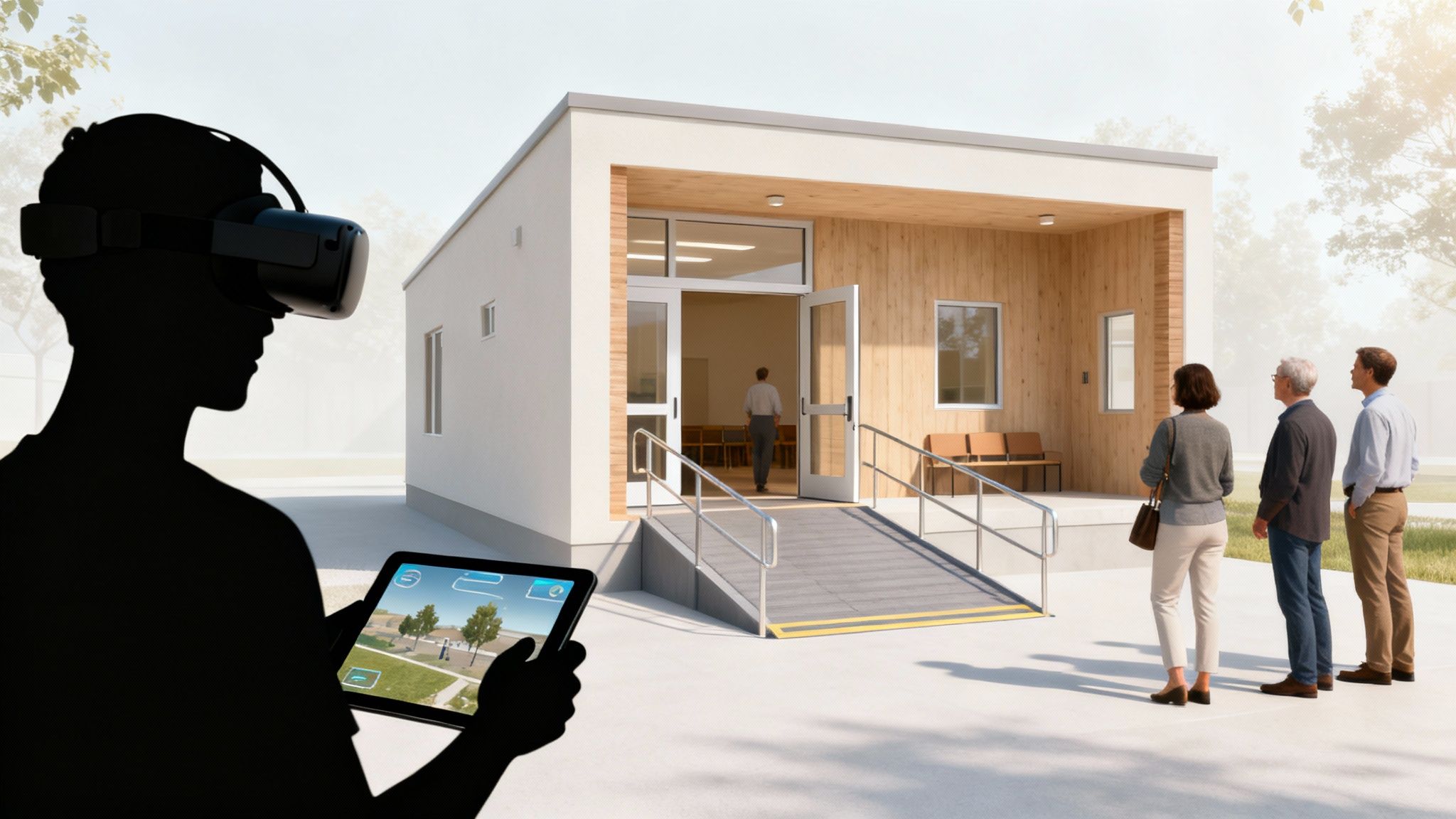 A virtual rendering of a modern, open-concept home interior, showing the living room and kitchen areas.