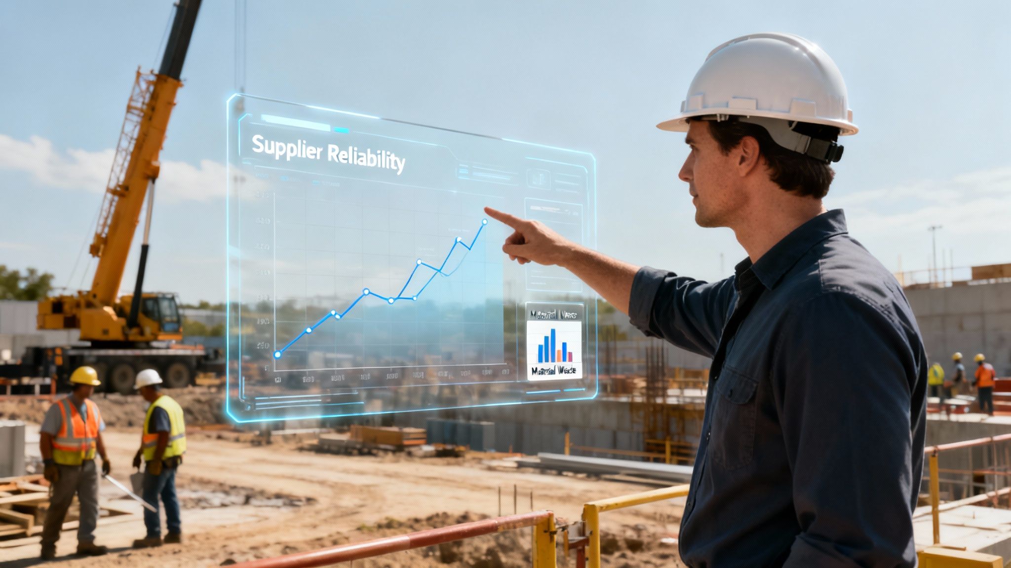 A construction project manager analyzing data on a tablet inside a partially built structure, representing strategic decision-making.