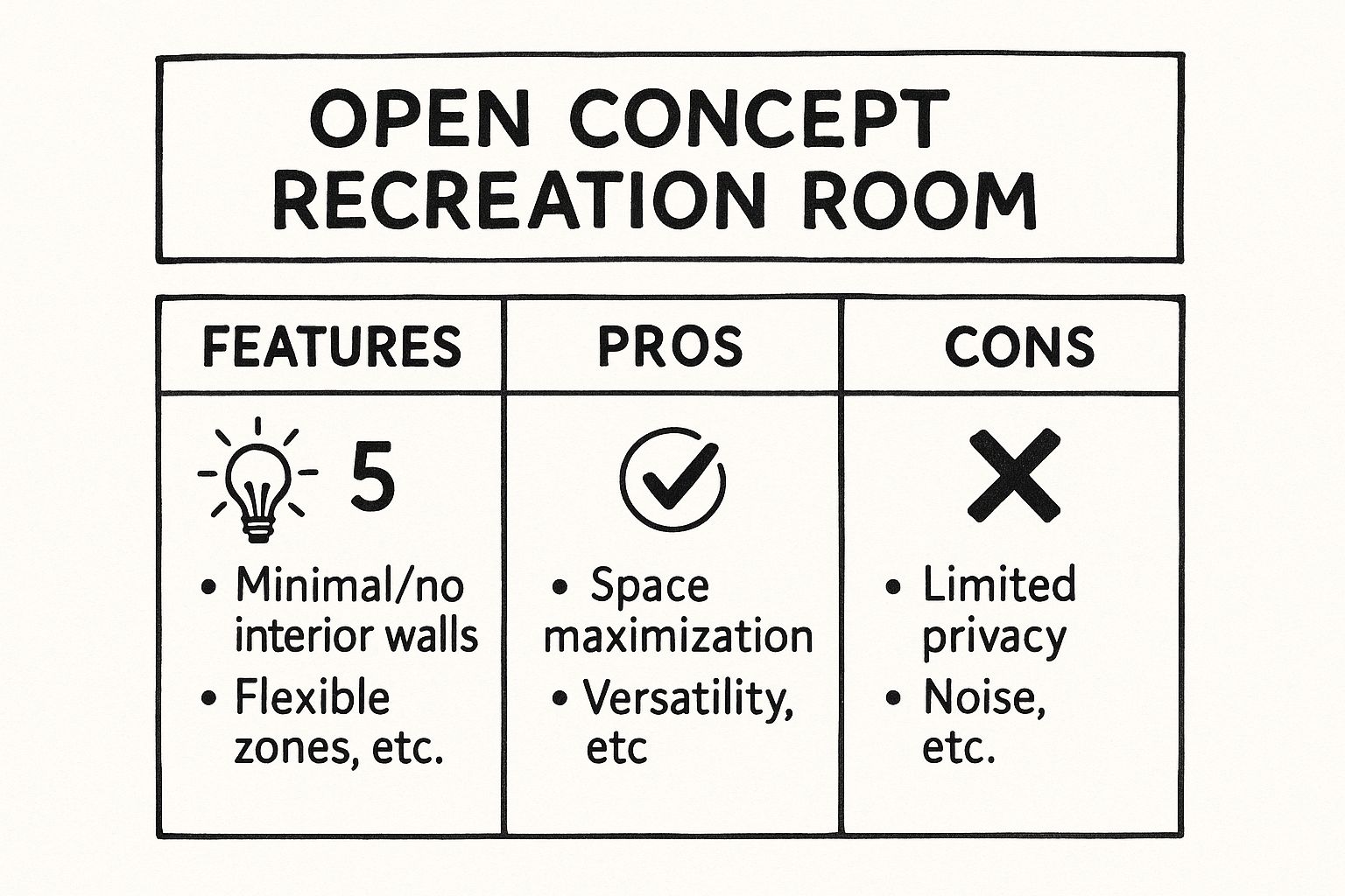 Infographic showing key data about Open Concept Recreation Room