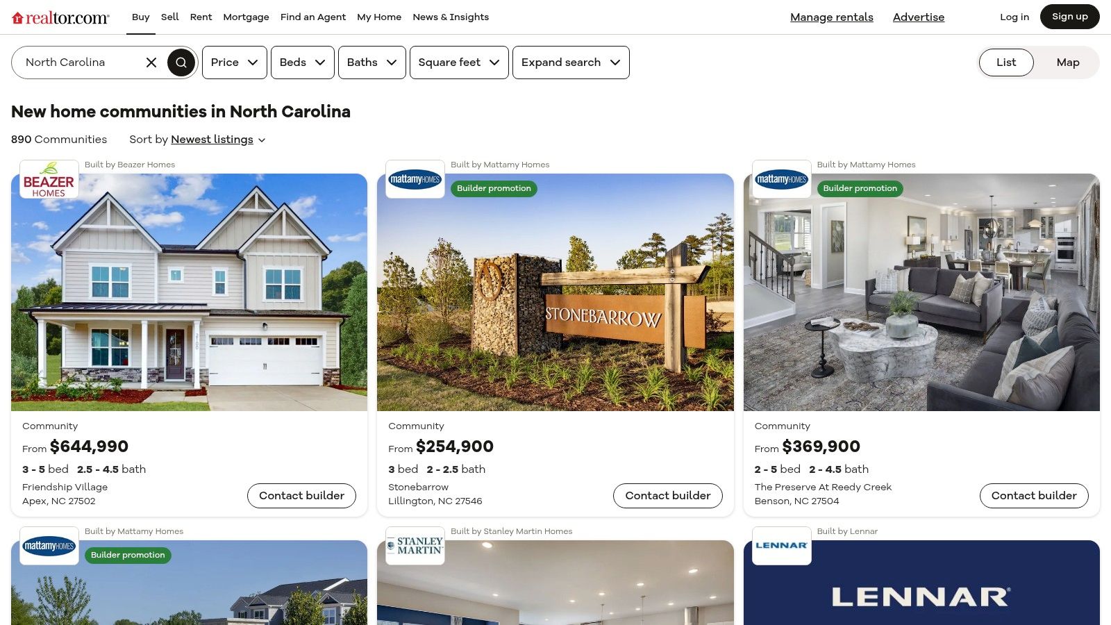 Realtor.com – North Carolina New Home Communities
